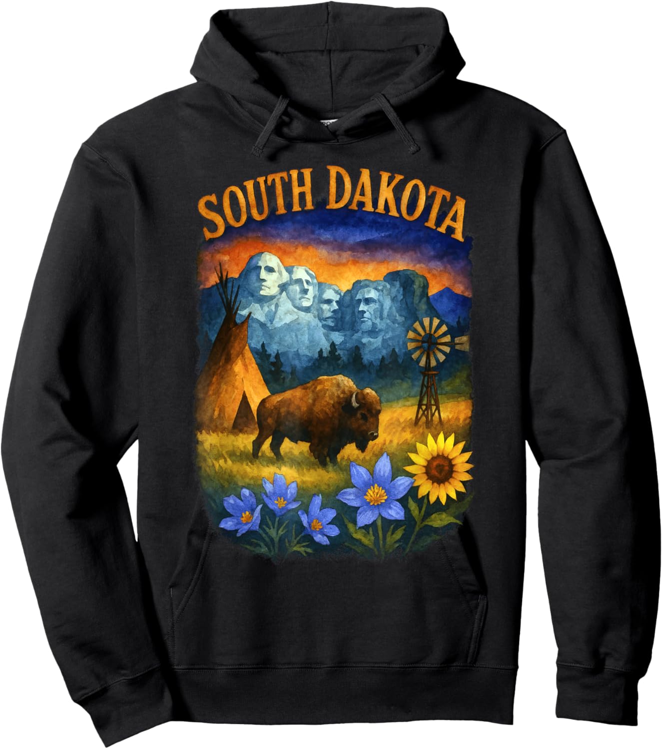 South Dakota Heritage Scene with Bison and Mount Rushmore Hoodie - Hoodie | Black