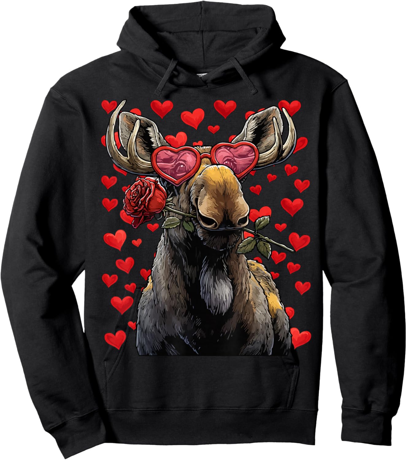 Cute Moose with Heart Glasses Rose Valentine's Day Animal Hoodie - Hoodie | Black