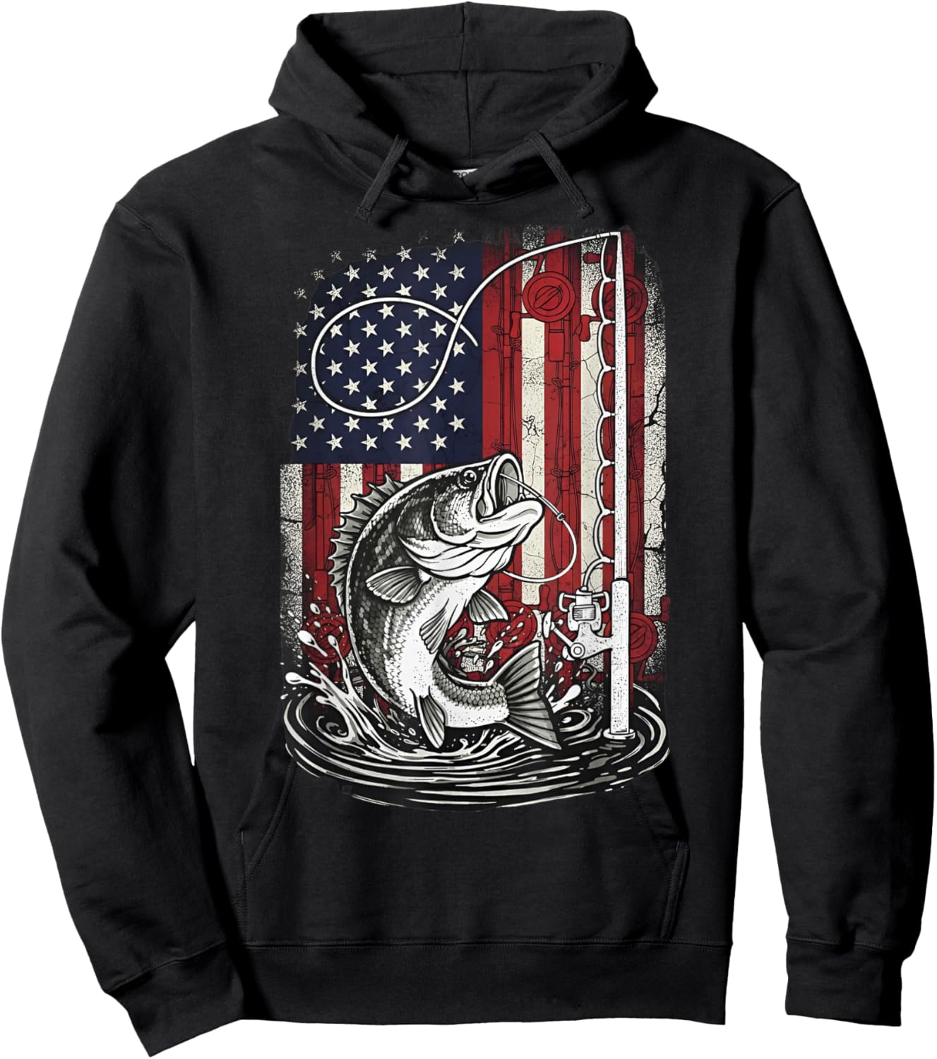 Fishing Camo Bass Fish Camouflage American Flag Fisherman Hoodie - Hoodie | Black