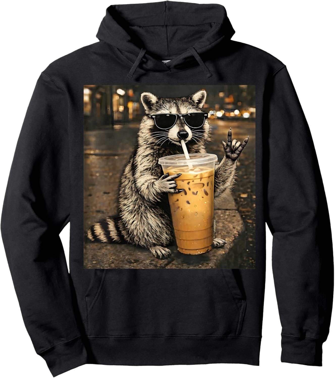 Raccoon Drinking Iced Coffee Funny Animal Meme Men Women Hoodie - Hoodie | Black