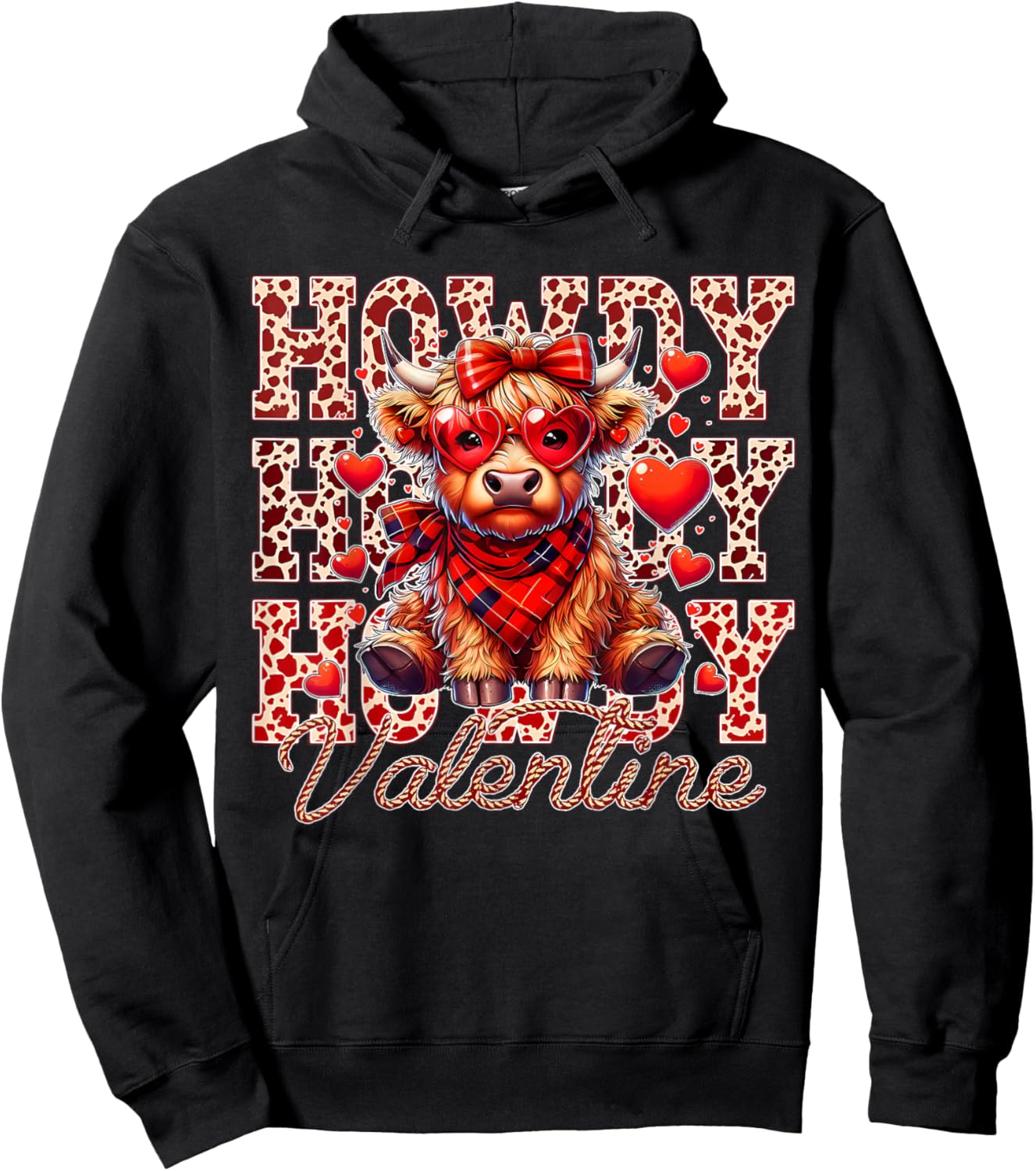 Howdy Valentine Highland Cow Red Plaid Coquette Bow Hearts Hoodie - Hoodie | Black