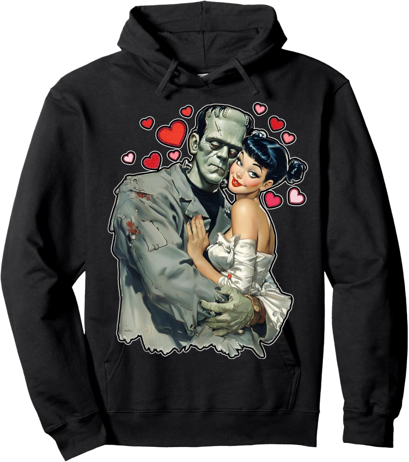 Love Heart Valentines Romantic Frankenstein and Wife Graphic Hoodie - Hoodie | Black