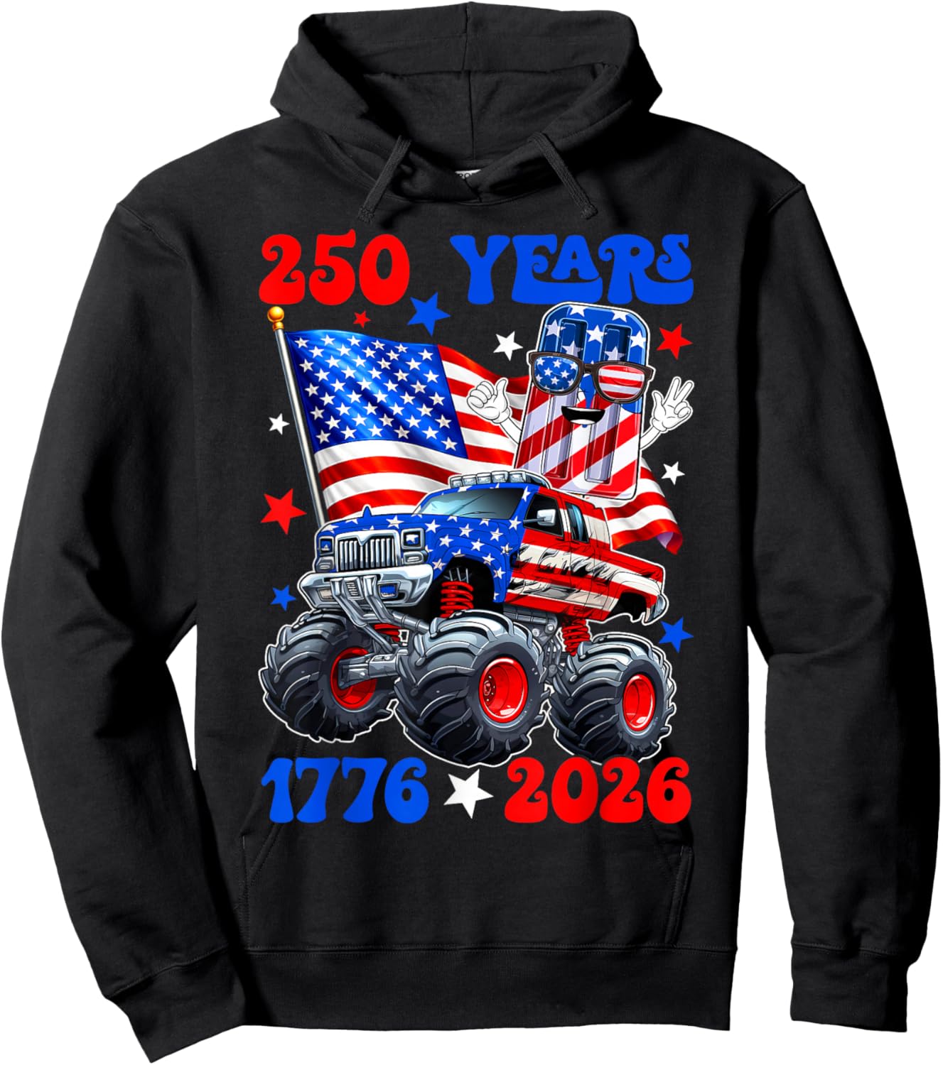 250 USA Years 1776 2026 Popsicle Monster Truck Boys Kids Hoodie - Hoodie | Black