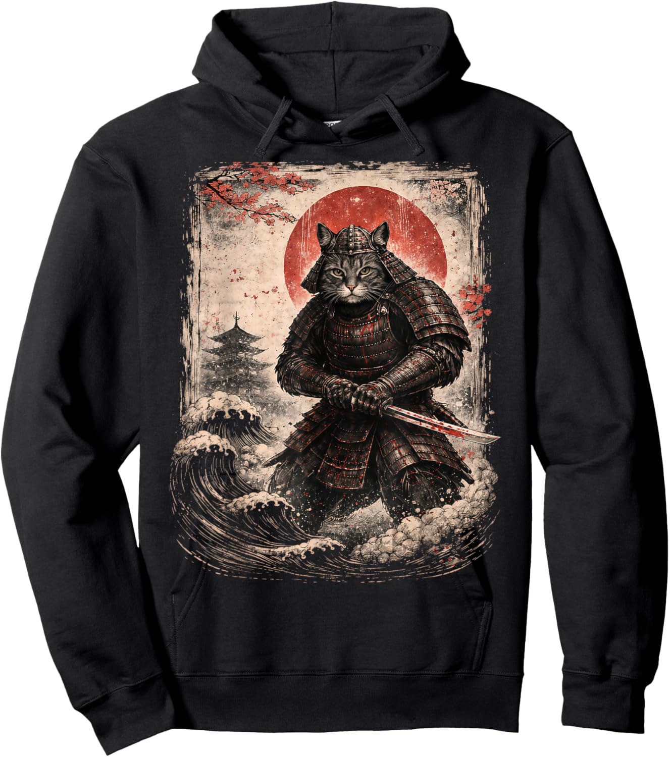 Funny Samurai Cat Sunset Vintage Graphic Ukiyo-e Art Drawing Hoodie - Hoodie | Black
