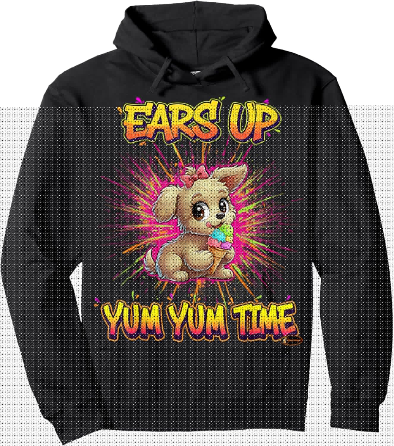 Ears Up Yum Yum Time Cute Puppy Design for Kids Dog Lovers Hoodie - Hoodie | Black