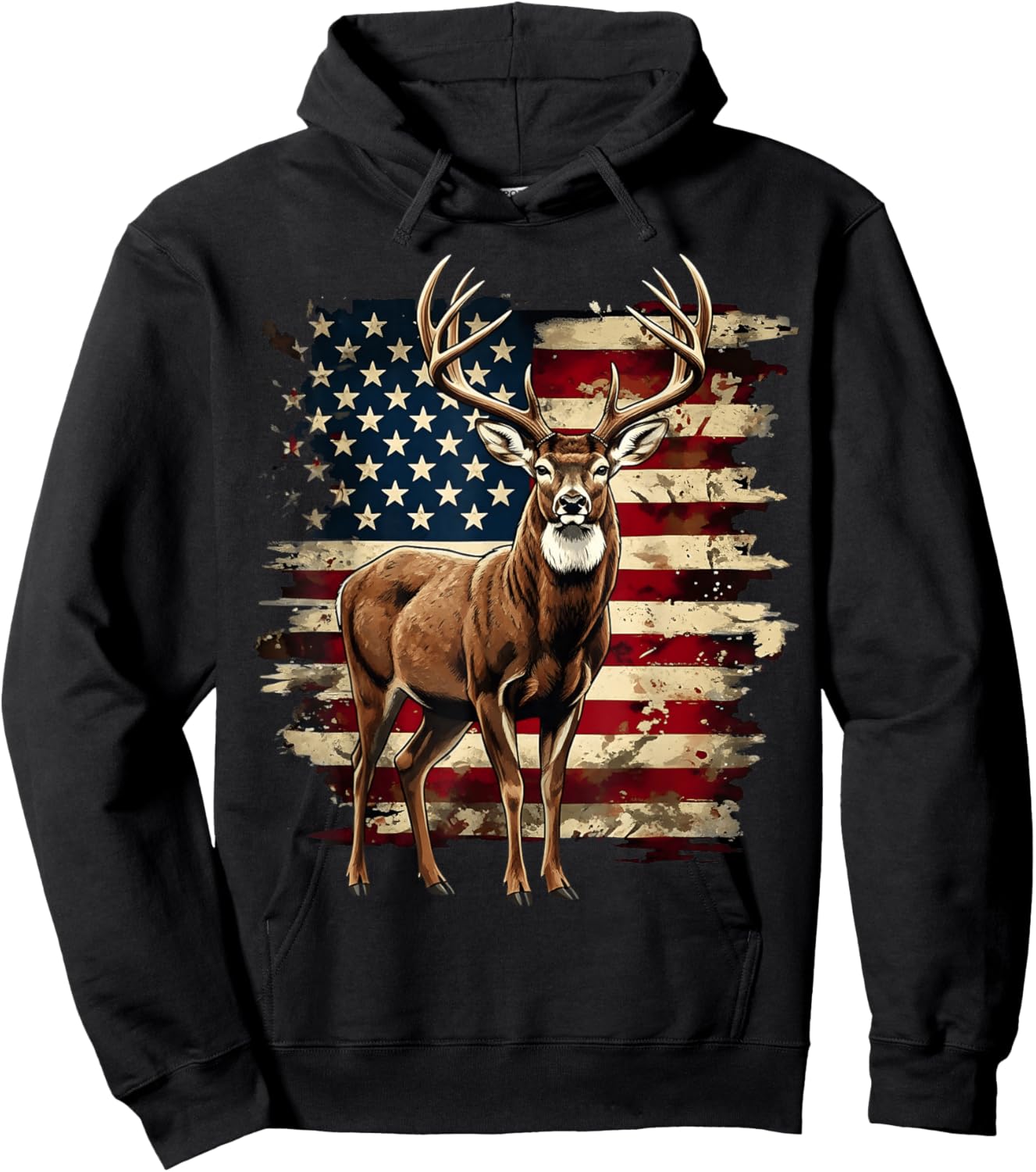 Deer Hunting American Flag Whitetail Buck Antlers Hoodie - Hoodie | Black