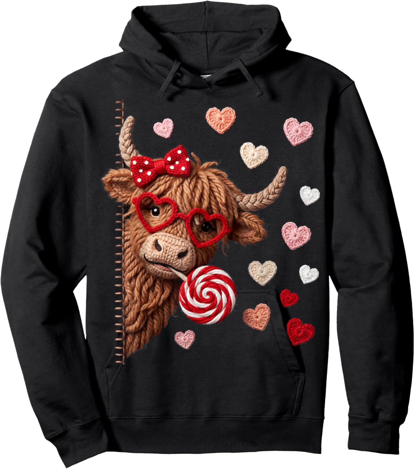 Cute Highland Cow Heifer Hearts Valentine Hoodie - Hoodie | Black