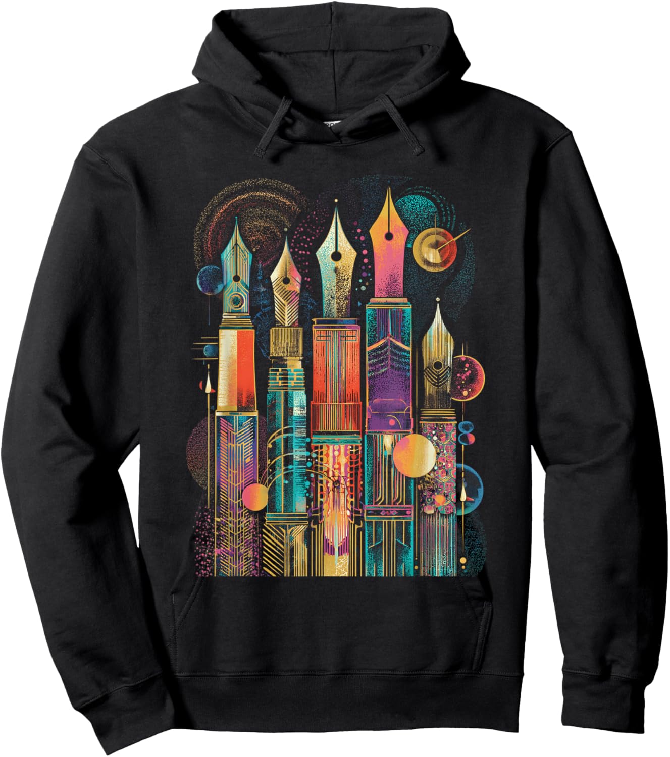 Art Deco Fountain Pen Skyline with Retro Abstract Geometry Hoodie - Hoodie | Black