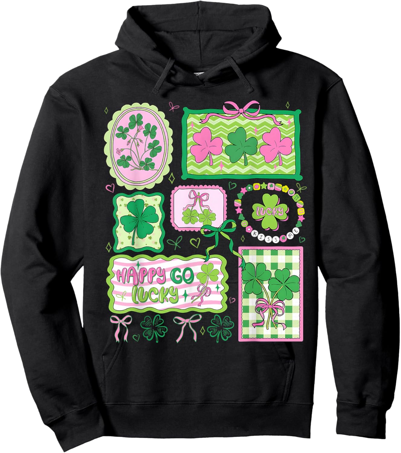 Preppy St Patricks Day Happy Go Lucky Shamrock Bow Men Women Hoodie - Hoodie | Black