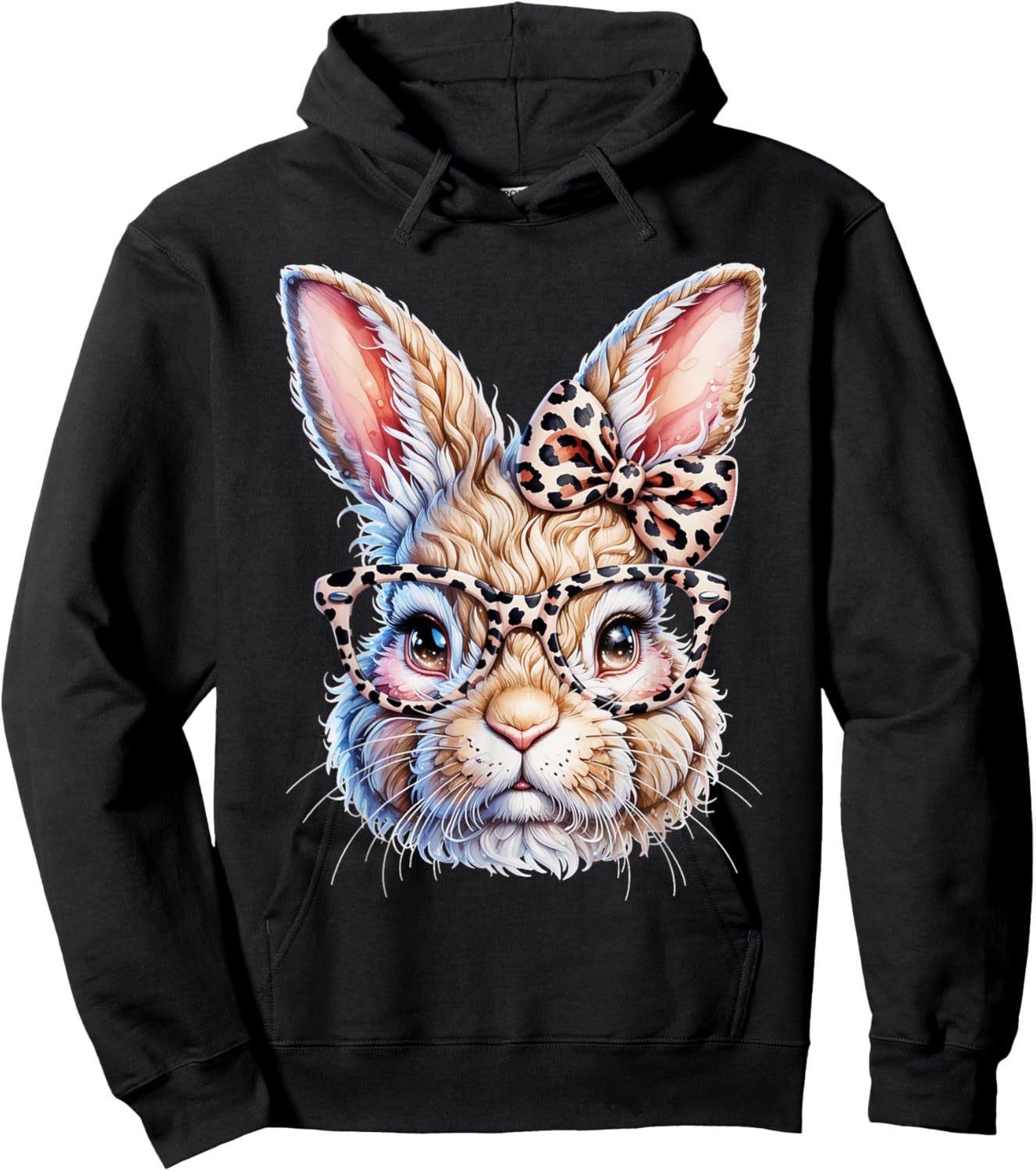 Easter Bunny with Leopard Bow and Glasses Hoodie - Hoodie | Black