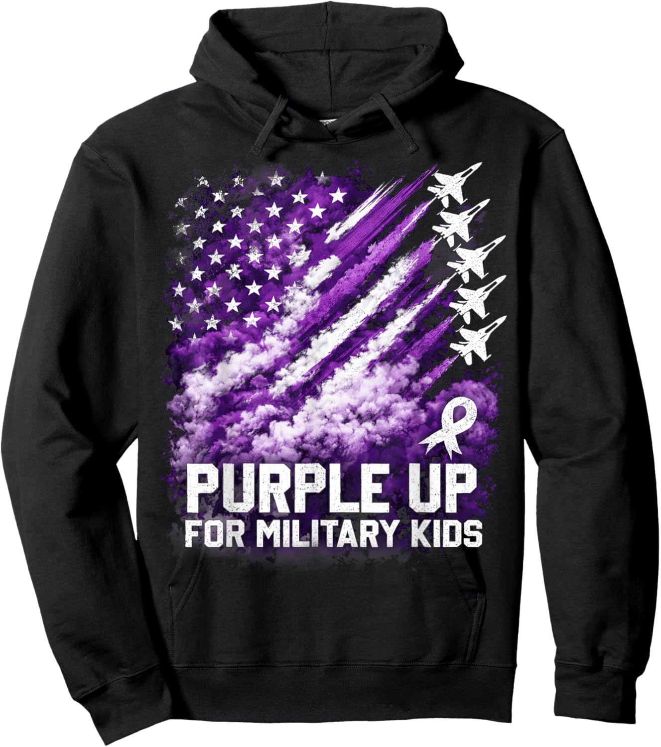 Purple Up Military Kids April Awareness USA Flag Hoodie - Hoodie | Black