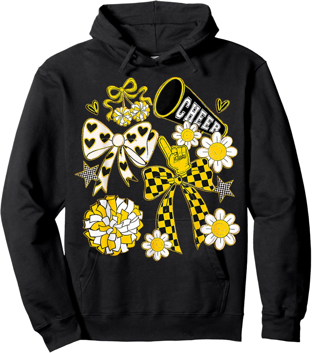 Coquette Bow Football Gold Black Game Cheer Mom Touchdown Hoodie - Hoodie | Black