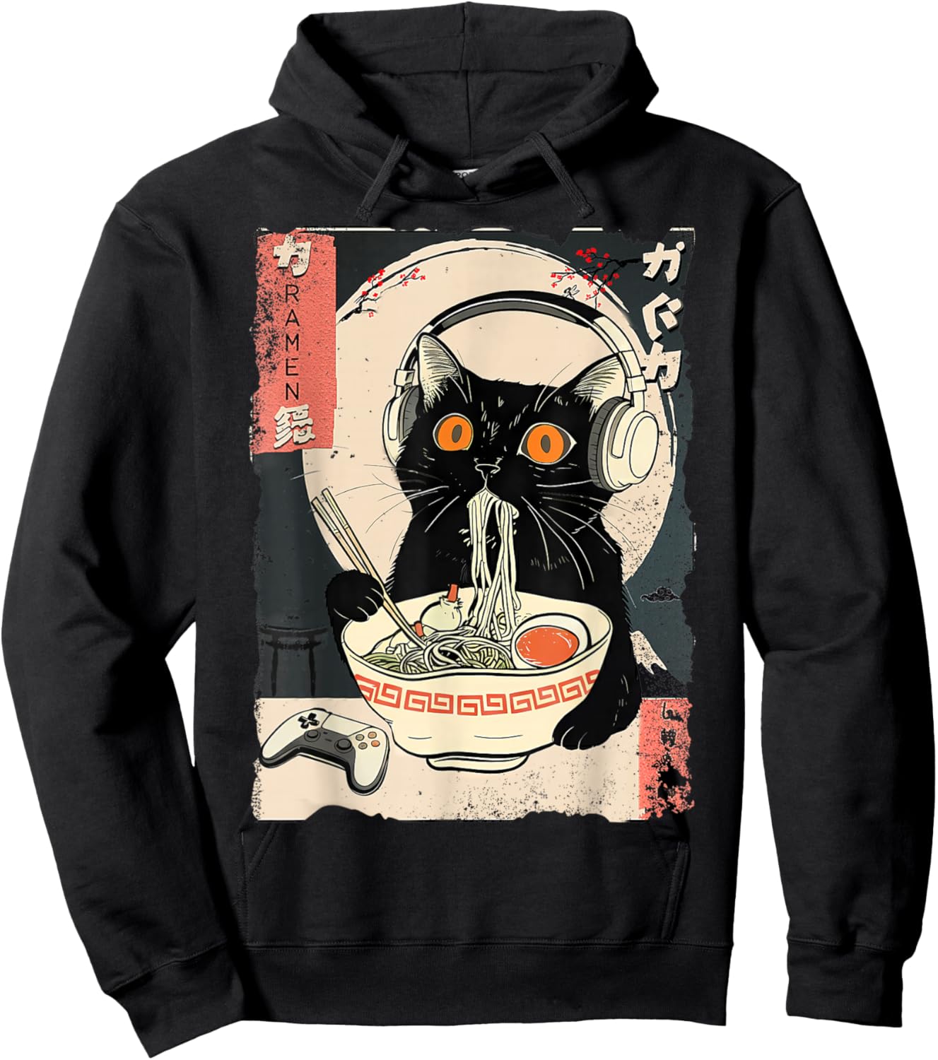 Funny Kawaii Gamer Cat Retro Japanese Cat Ramen Gaming Hoodie - Hoodie | Black