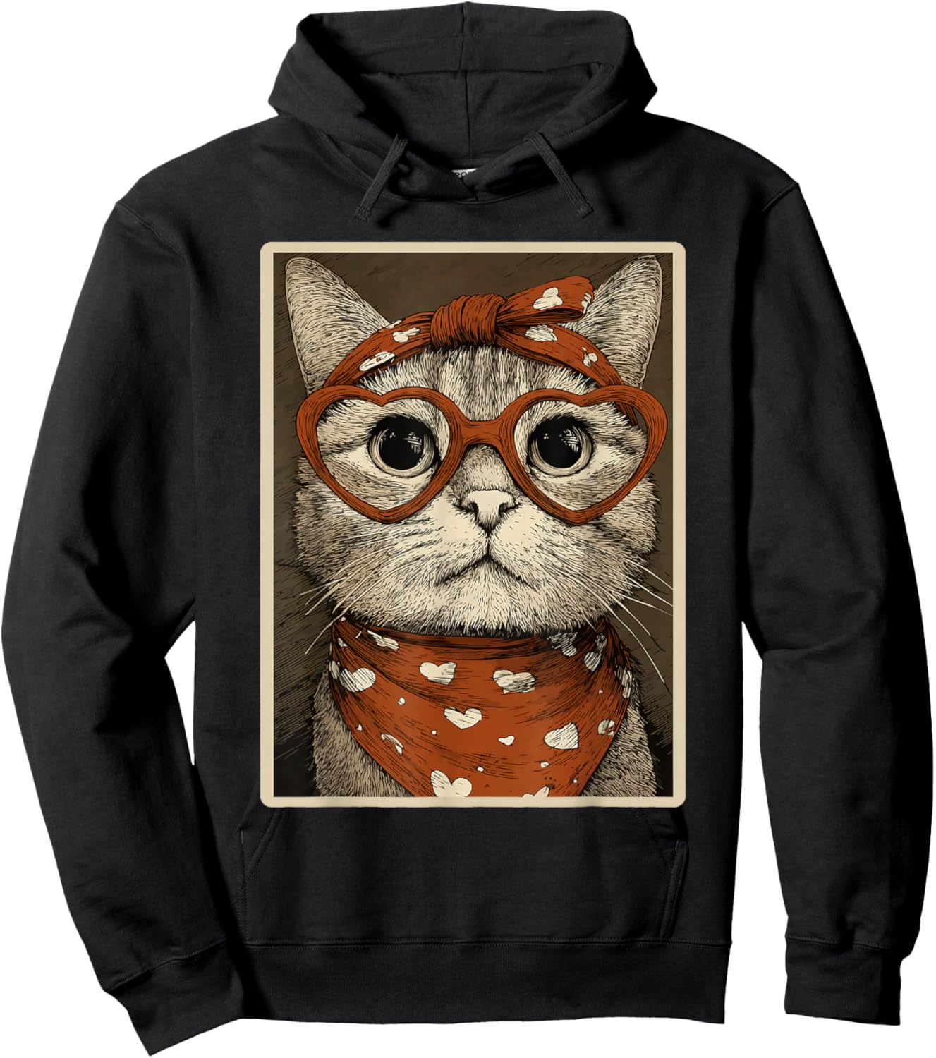 Cute Tabby Cat with Hearts Glasses Valentines Kitty Coquette Hoodie - Hoodie | Black