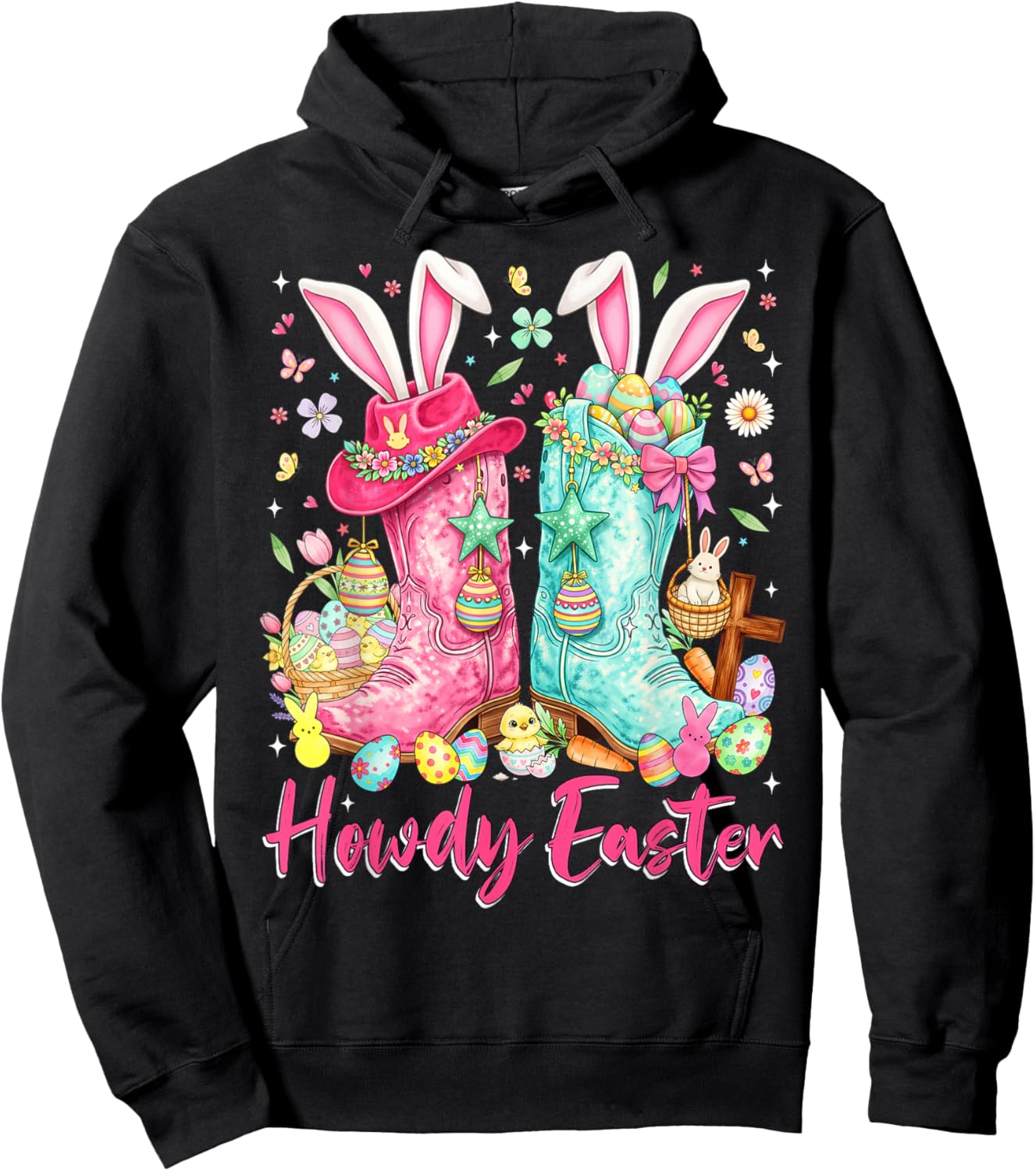 Howdy Western Easter Bunny Coquette Cowboy Boots Eggs Women Hoodie - Hoodie | Black