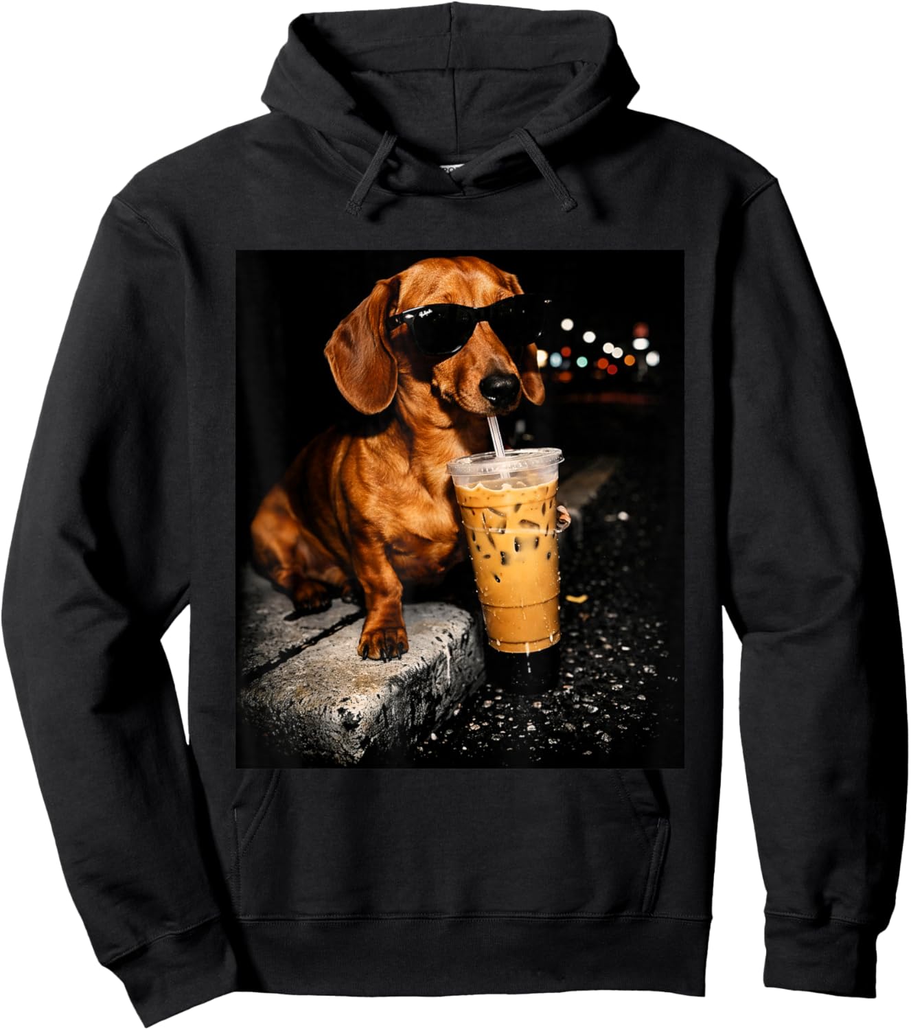Funny Dachshund Drinking Iced Coffee Washed Hoodie - Hoodie | Black