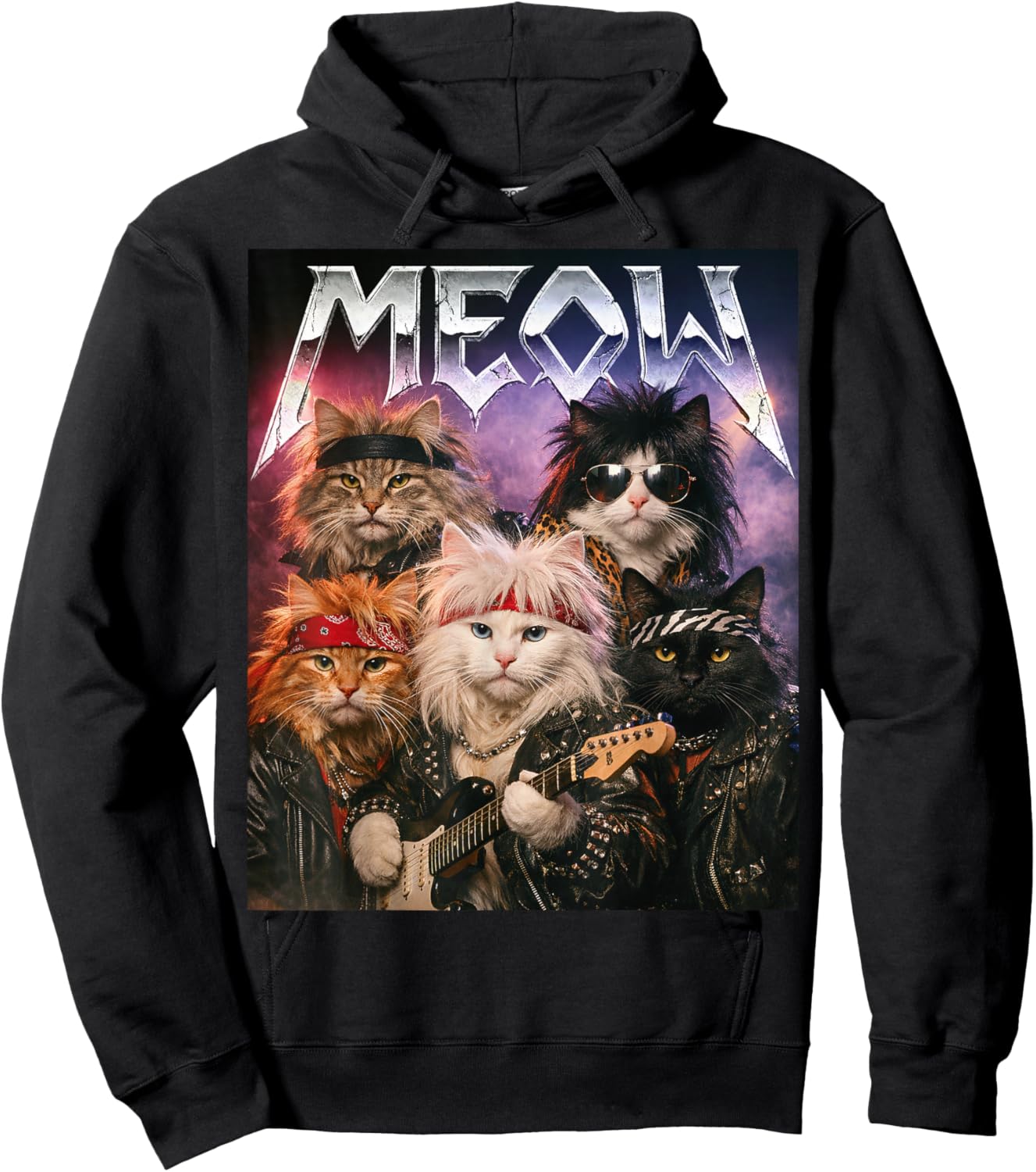 Meow Funny Cat Rock Hair Band Retro 80s and 90s Music Fan Hoodie - Hoodie | Black