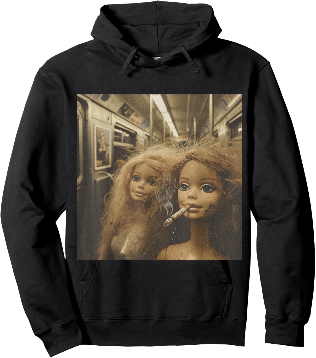 Distressed Doll Smoking Funny Doll Face Meme Hoodie - Hoodie | Black