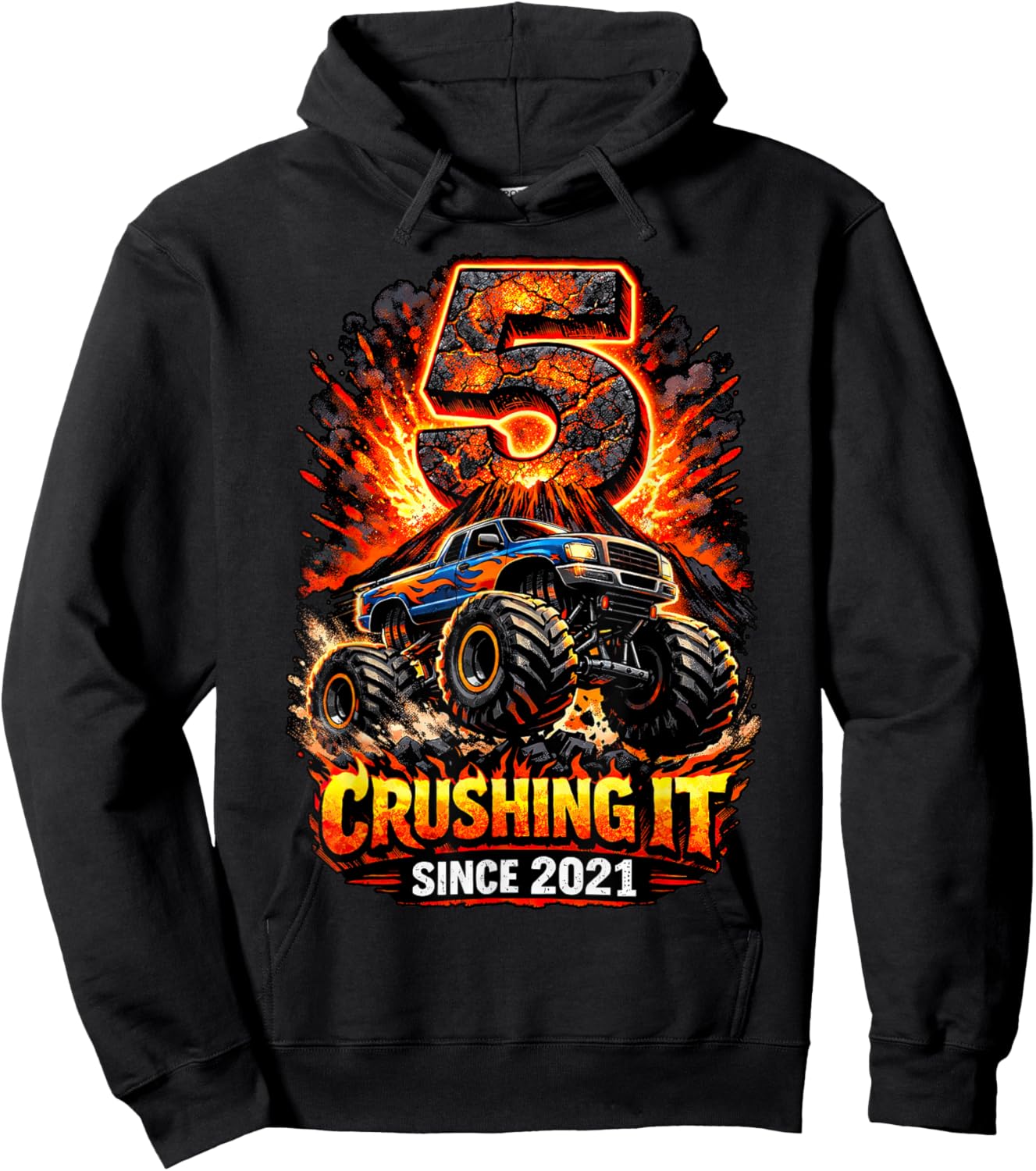 Birthday Monster Truck 5 Year Old Boys 5th Party Born 2021 Hoodie - Hoodie | Black