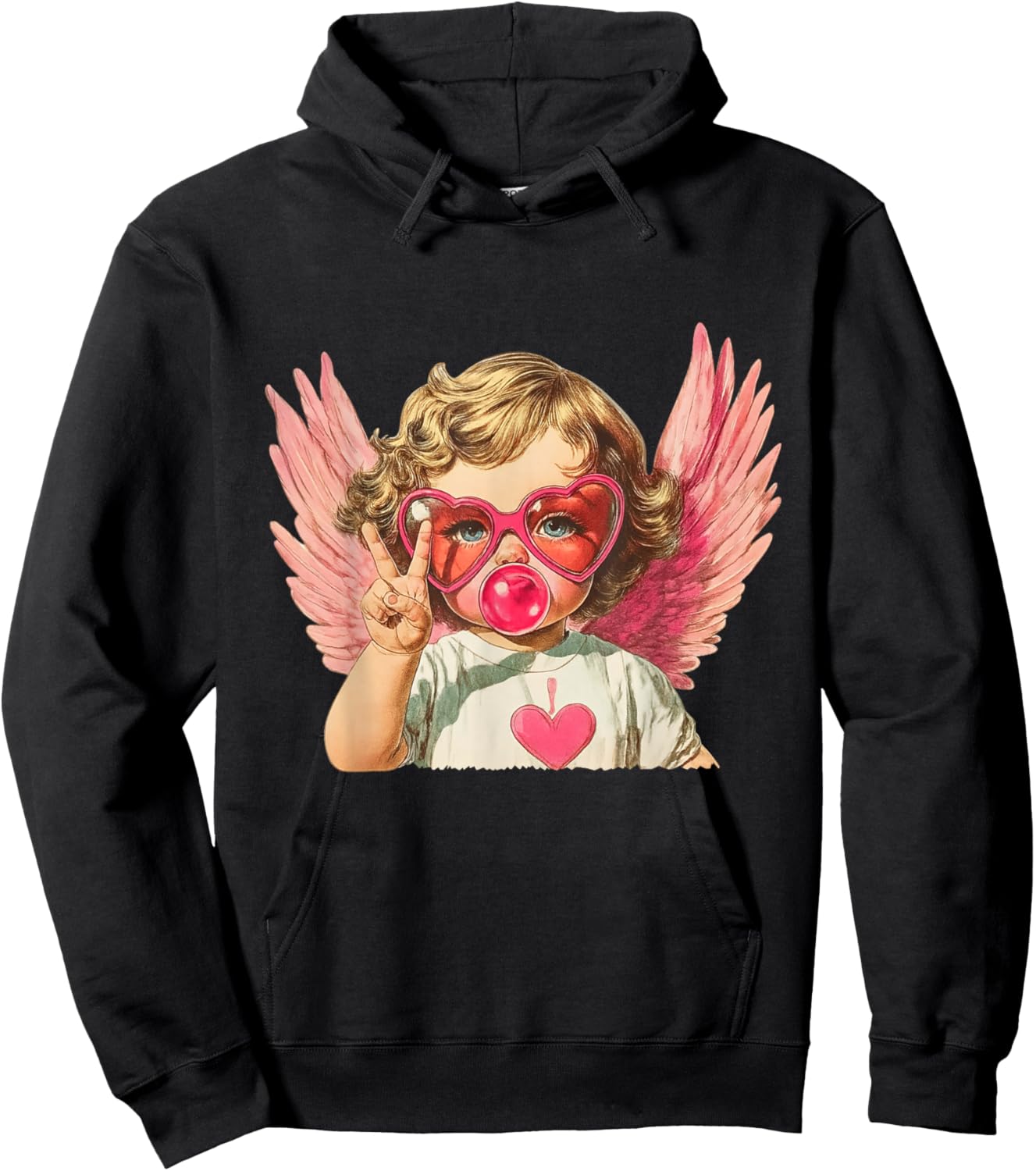 Vintage Cupid Blowing Bubble Gum Heart Sunglasses Valentines Hoodie - Hoodie | Black