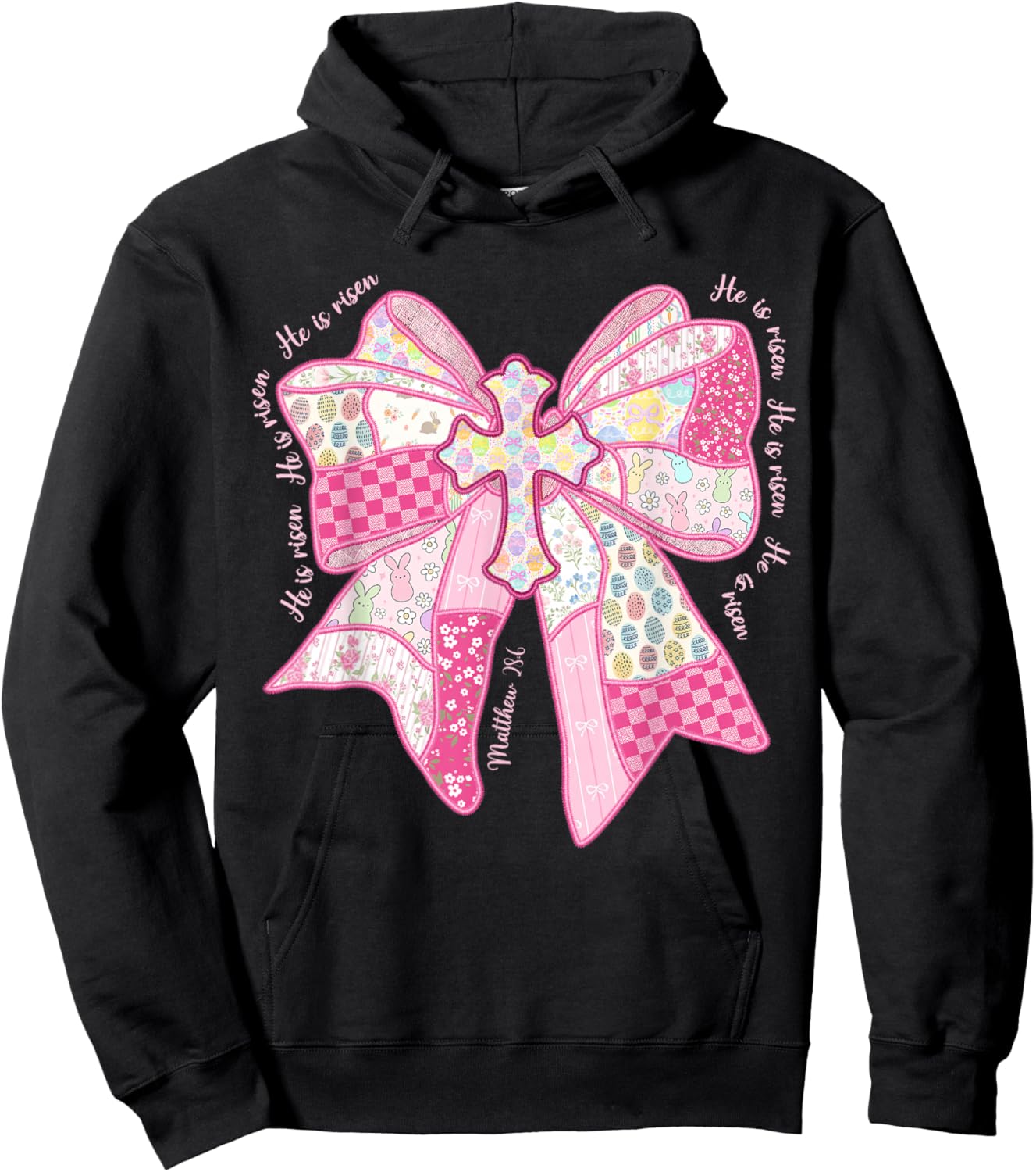 He is Risen Christian Cross Jesus Coquette Bow Bunny Easter Hoodie - Hoodie | Black