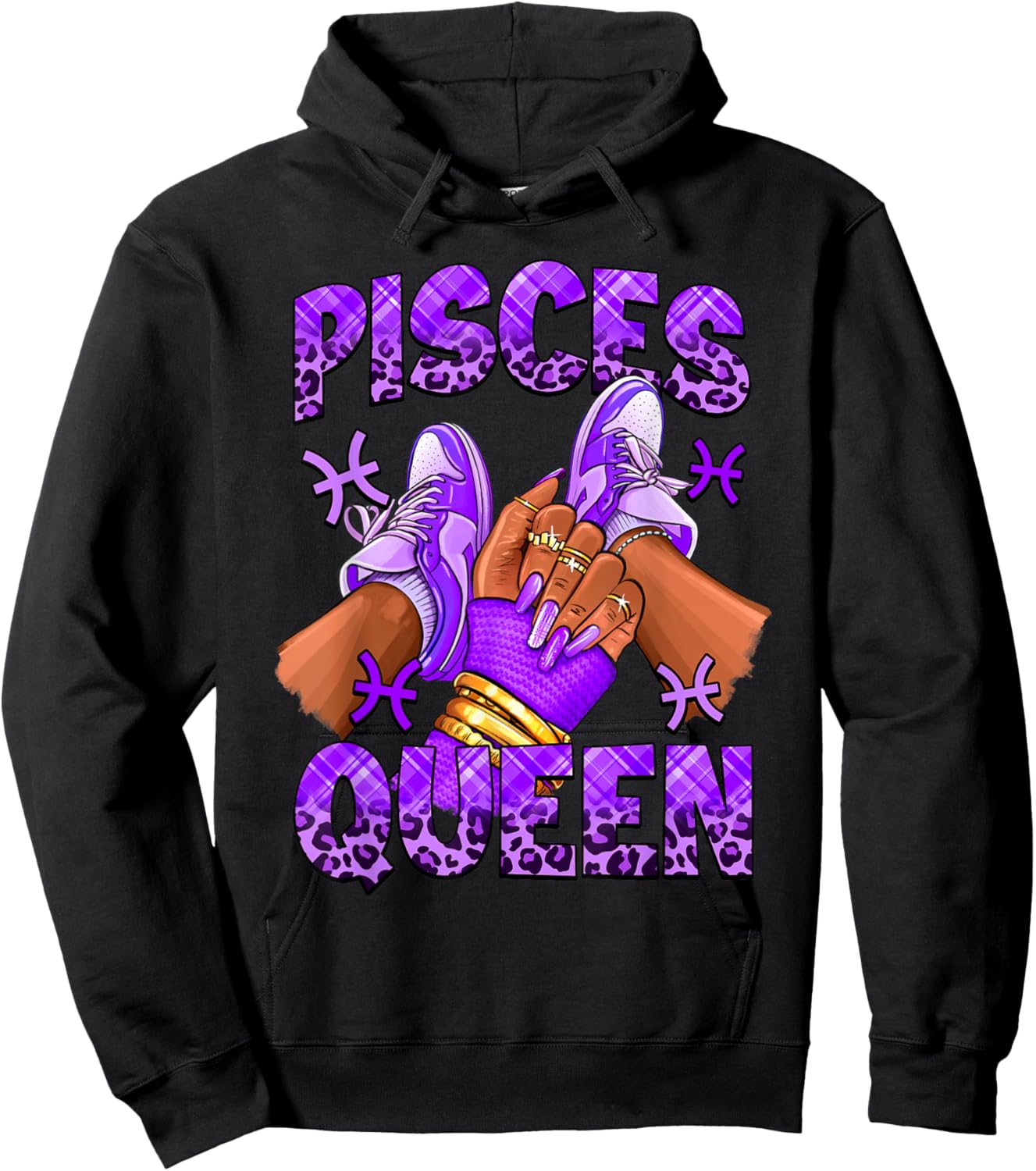 Pisces Girl Zodiac Birthday Afro Queen Sneakers Nails Hoodie - Hoodie | Black