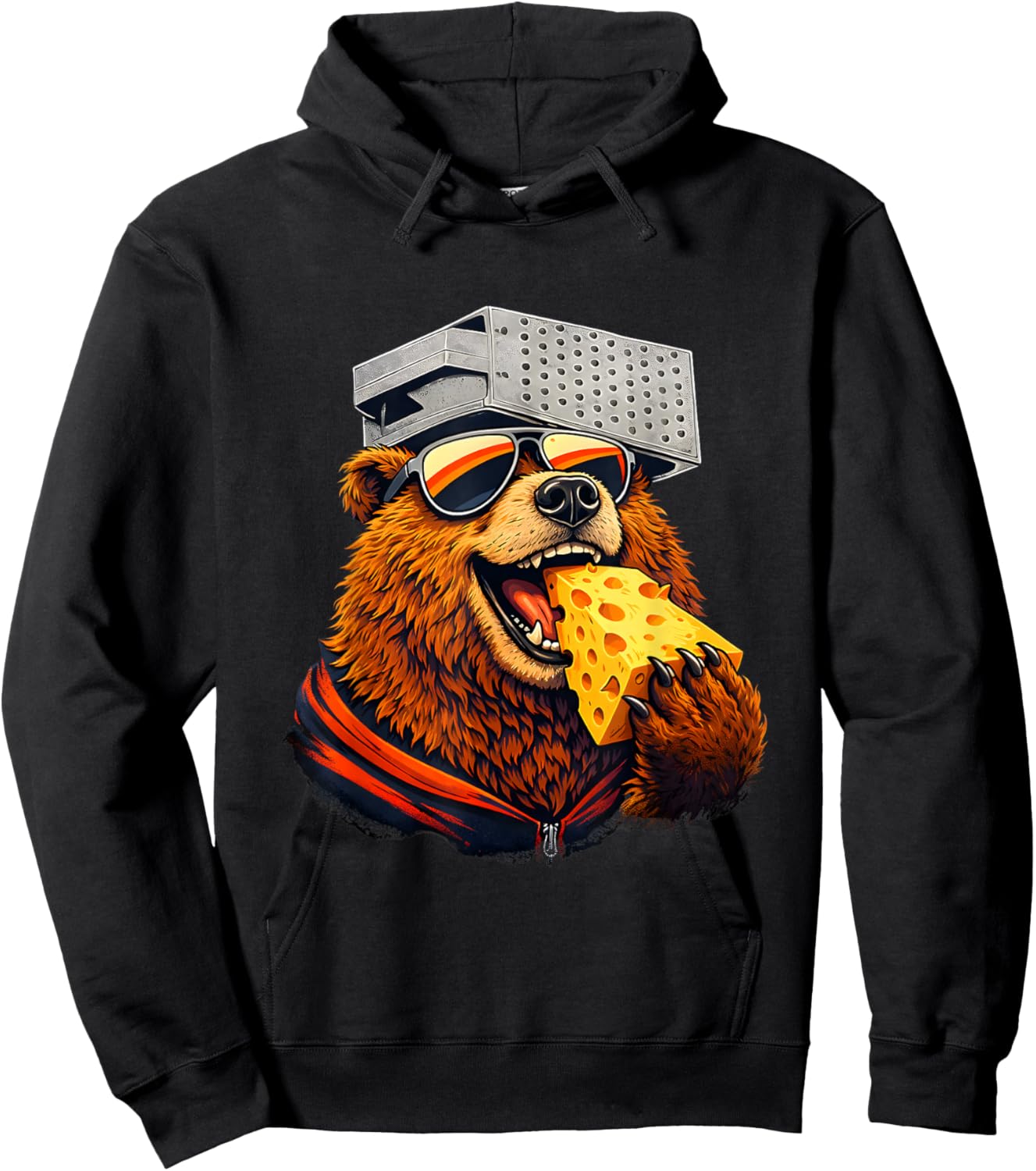 Retro Bear Eating Cheese with a Grater Hat Hoodie - Hoodie | Black