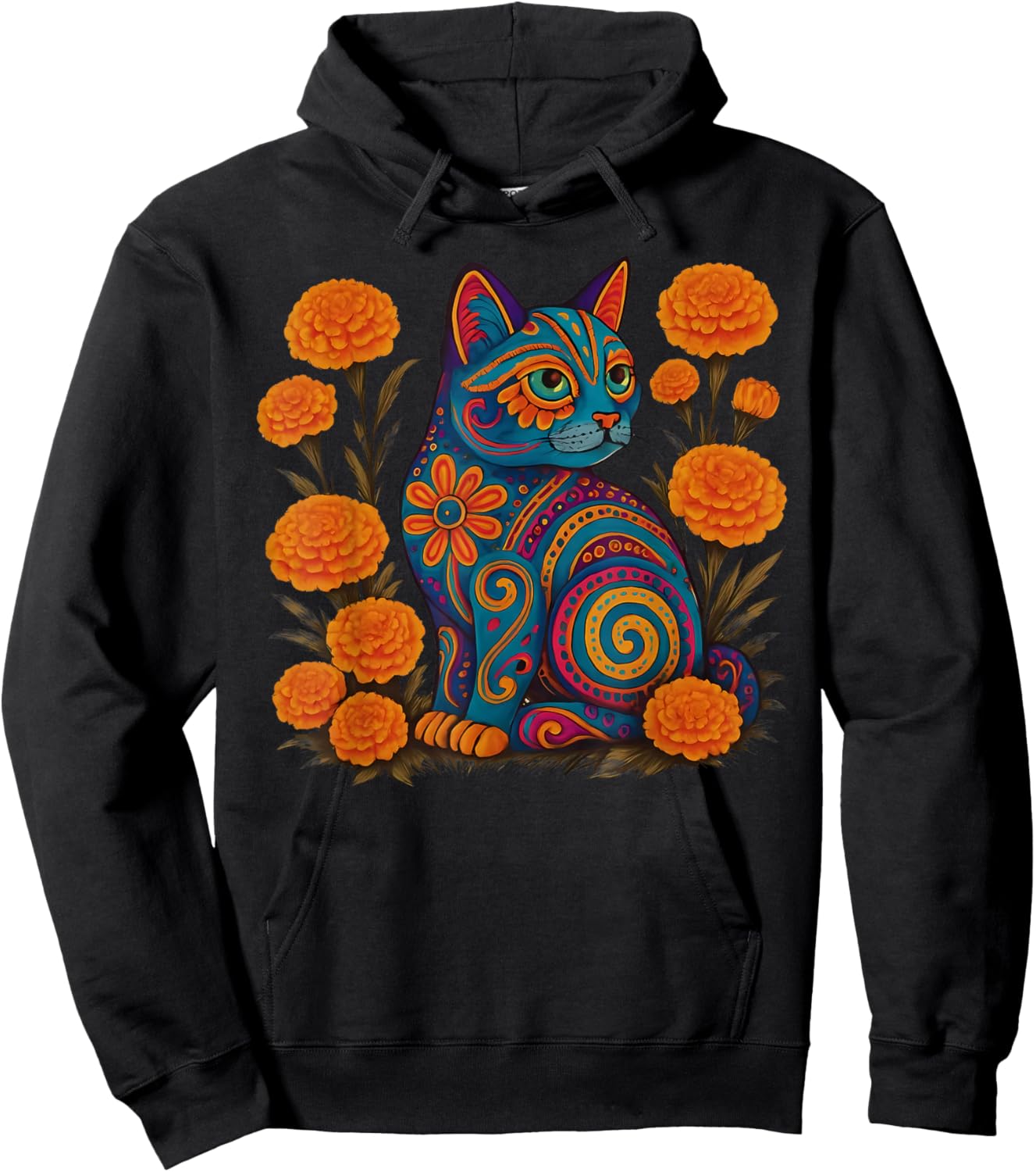 Alebrije Cat Flower Mexican Folk Art Sugar Skull Cute Kitten Hoodie - Hoodie | Black