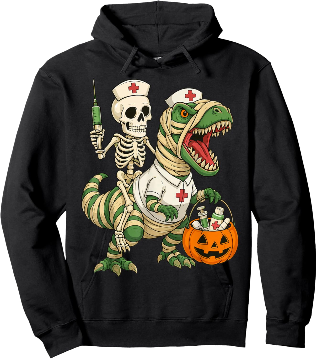 Nurse Skeleton Riding Mummy Dinosaur T rex Halloween Nurse Hoodie - Hoodie | Black