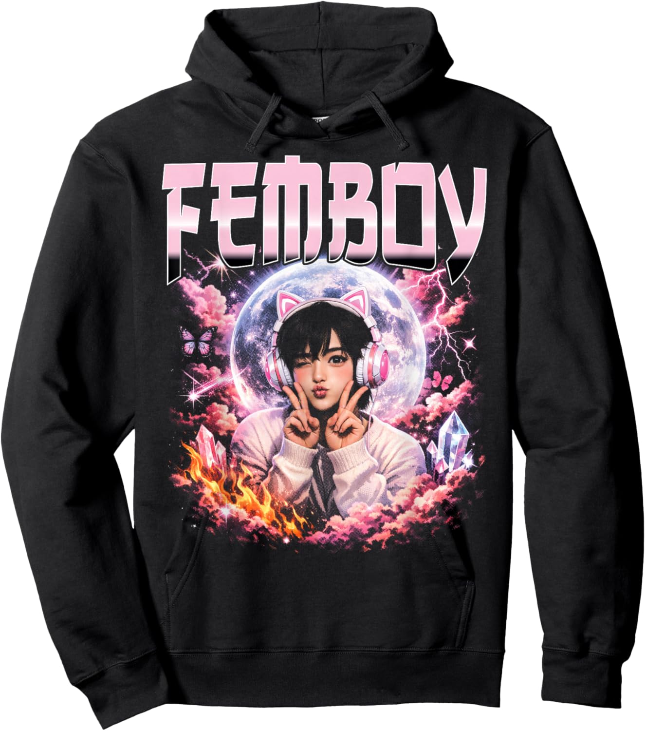 Femboy Anime Aesthetic Moon Cat Ear Headphones Hoodie - Hoodie | Black