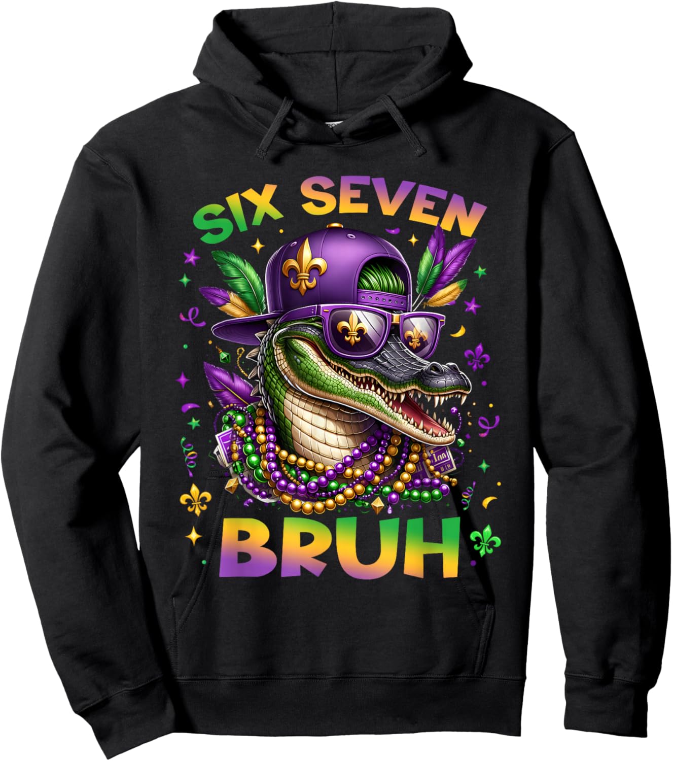 Mardi Gras Six Seven Bruh Mardigator Alligator 6 7 Meme Boys Hoodie - Hoodie | Black