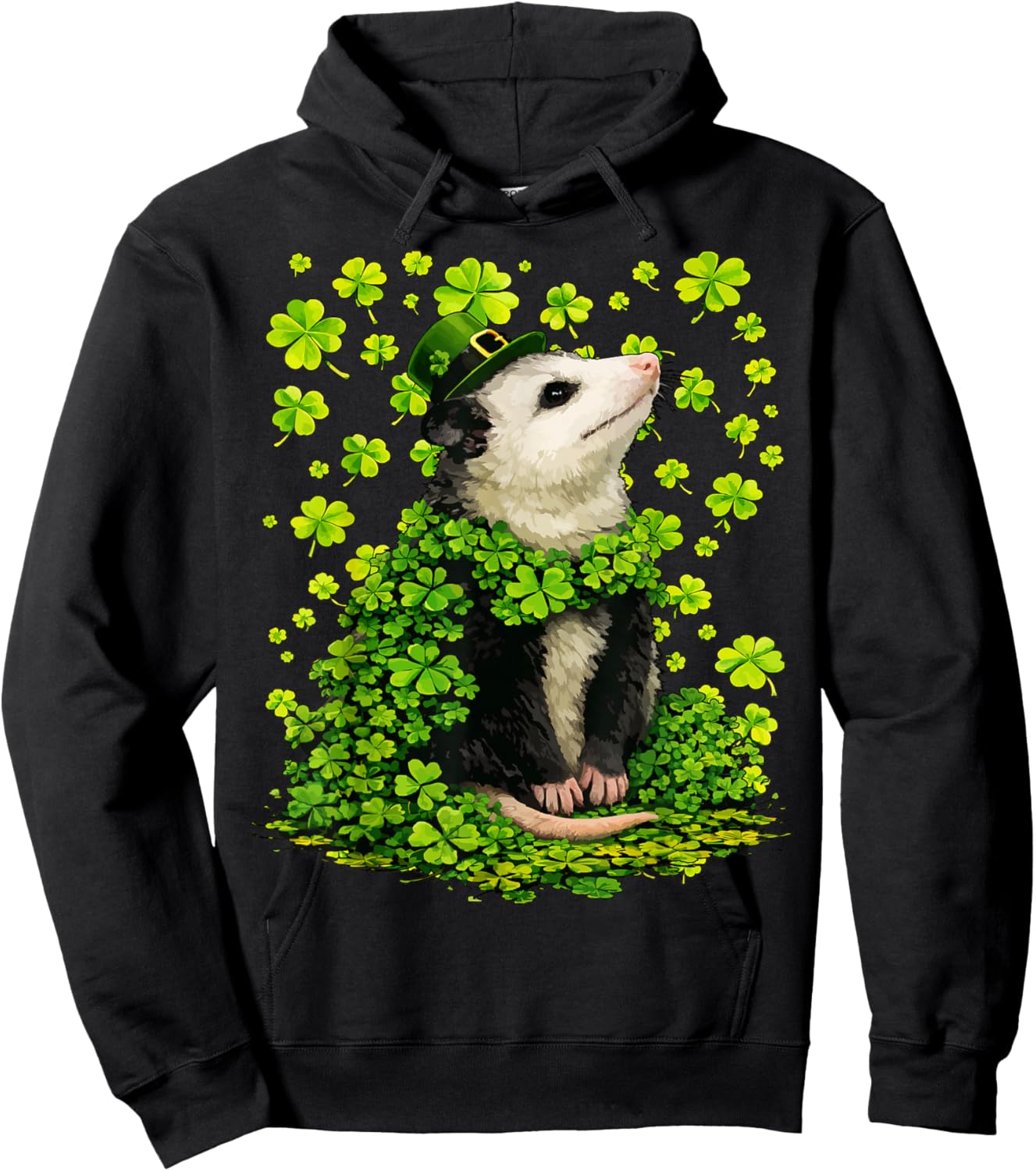 Lucky Opossum with Shamrocks Clovers St Patricks Day Possum Hoodie - Hoodie | Black