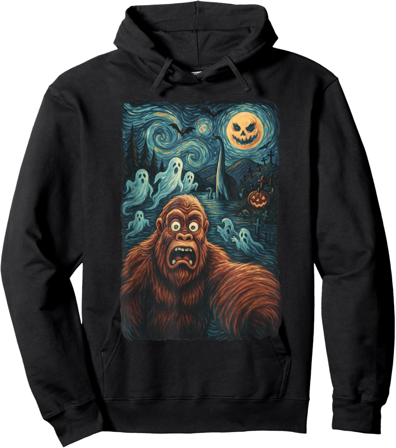 Bigfoot Selfie Shirt Starry Night Halloween Ghosts Hoodie - Hoodie | Black