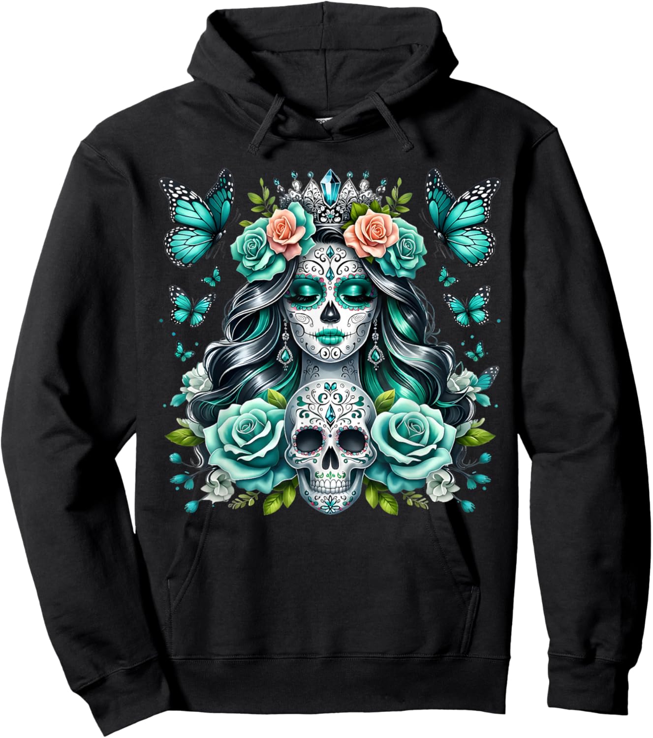 De Los Muertos La Catrina Day of The Dead Floral Sugar Skull Hoodie - Hoodie | Black
