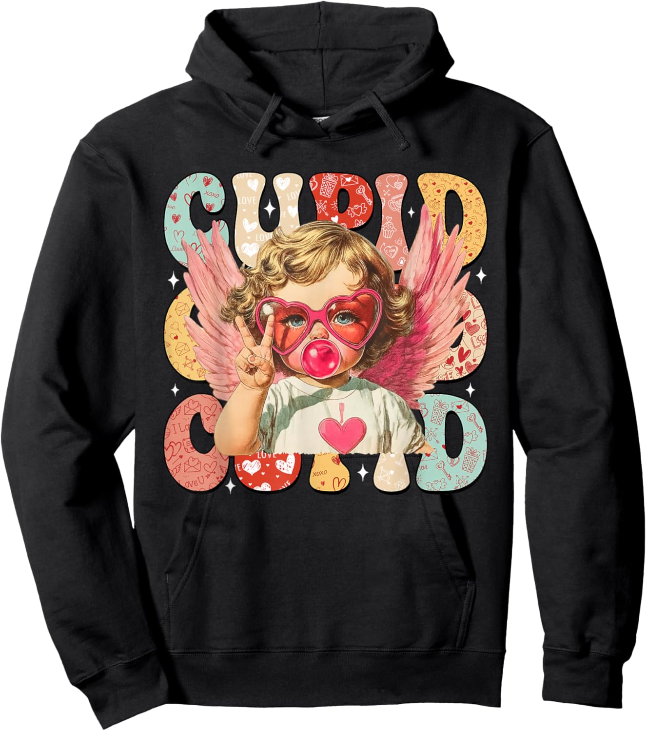 Vintage Cupid Blowing Bubble Gum Heart Sunglasses Valentines Hoodie - Hoodie | Black