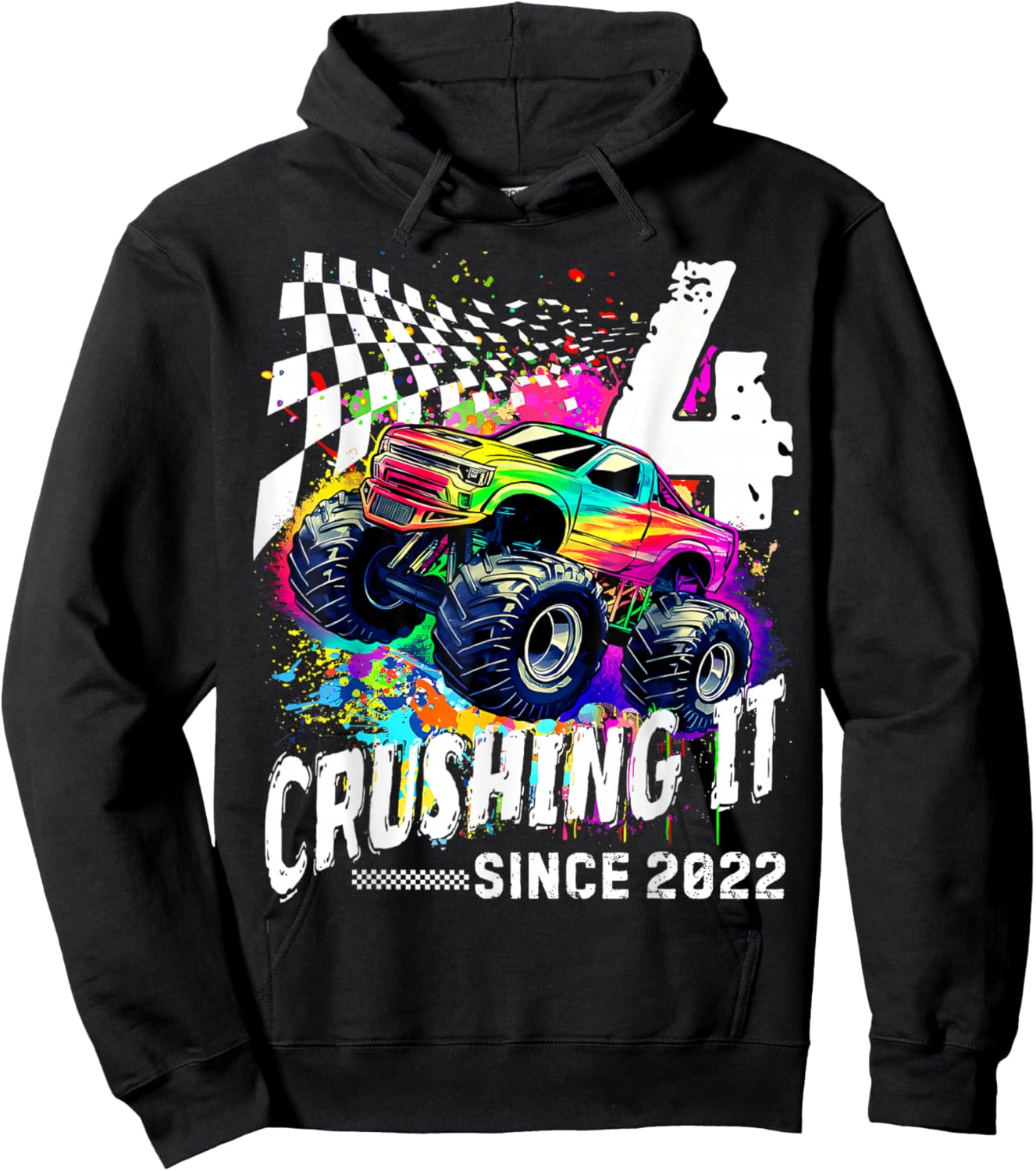 Birthday Monster Truck 4 Year Old Boys 4th Party Born 2022 Hoodie - Hoodie | Black