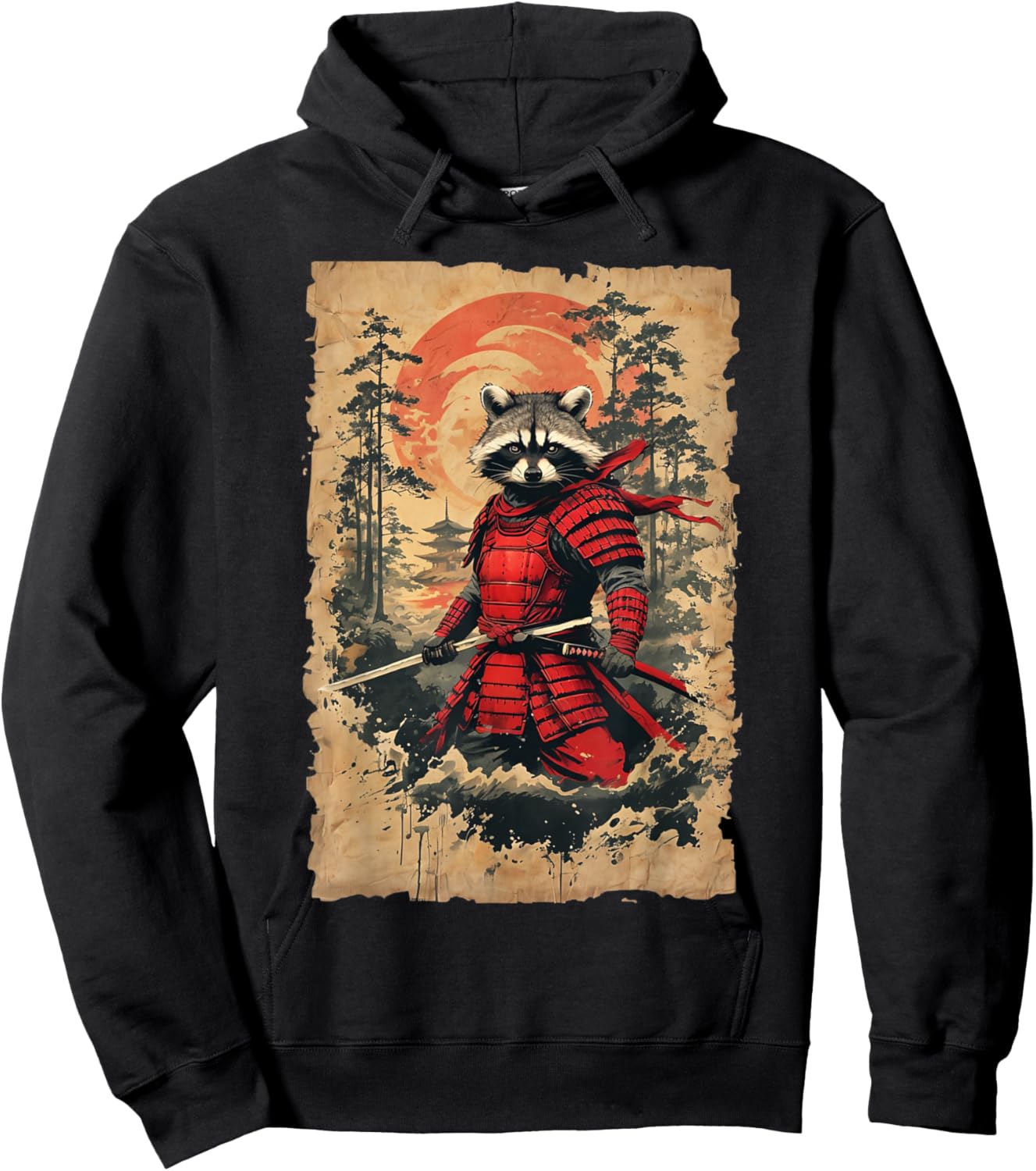 Japanese Samurai Raccoon Warrior Vintage Style Graphic Hoodie - Hoodie | Black