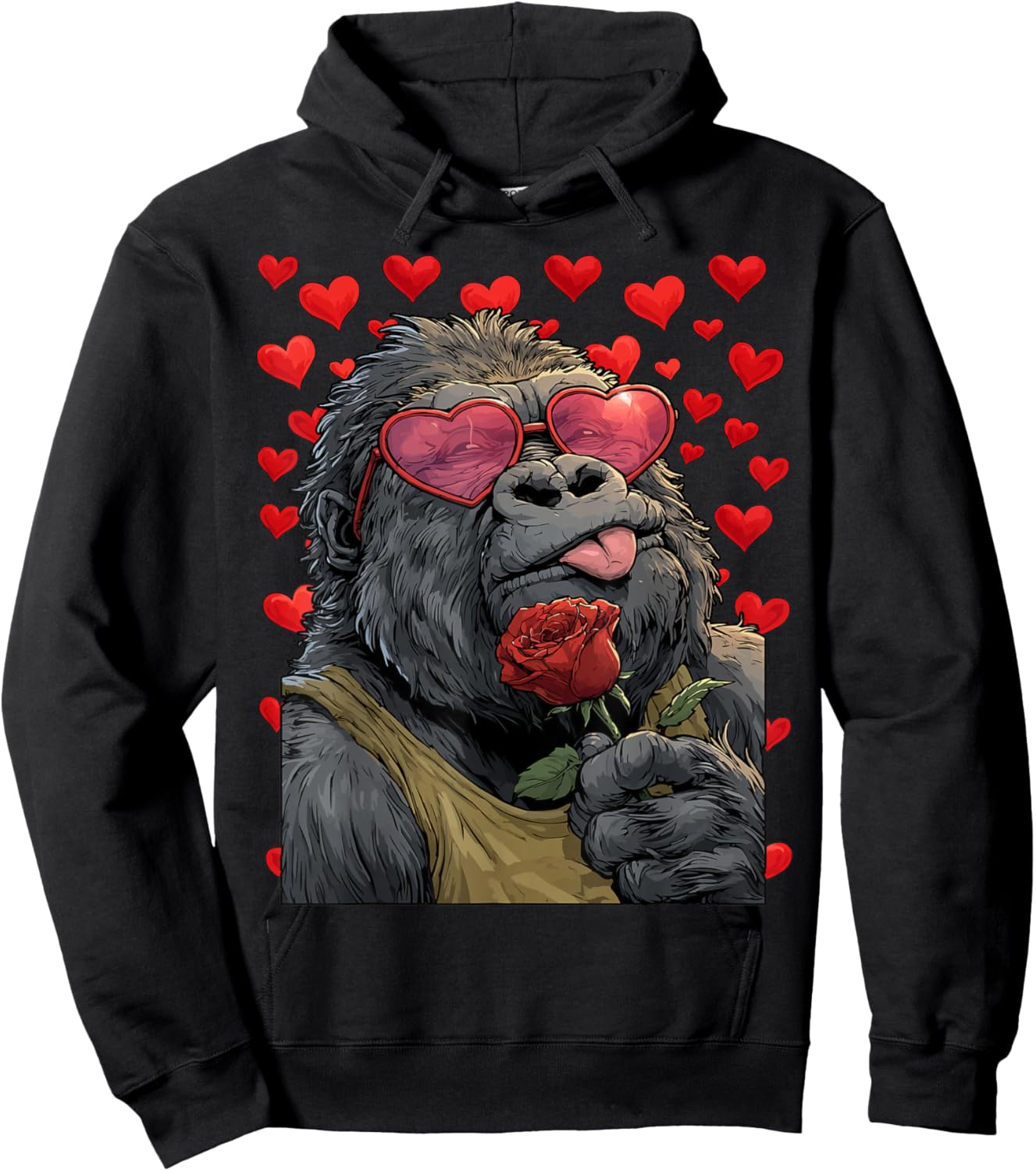 Cute Gorilla with Heart Glasses Rose Valentine's Day Animal Hoodie - Hoodie | Black
