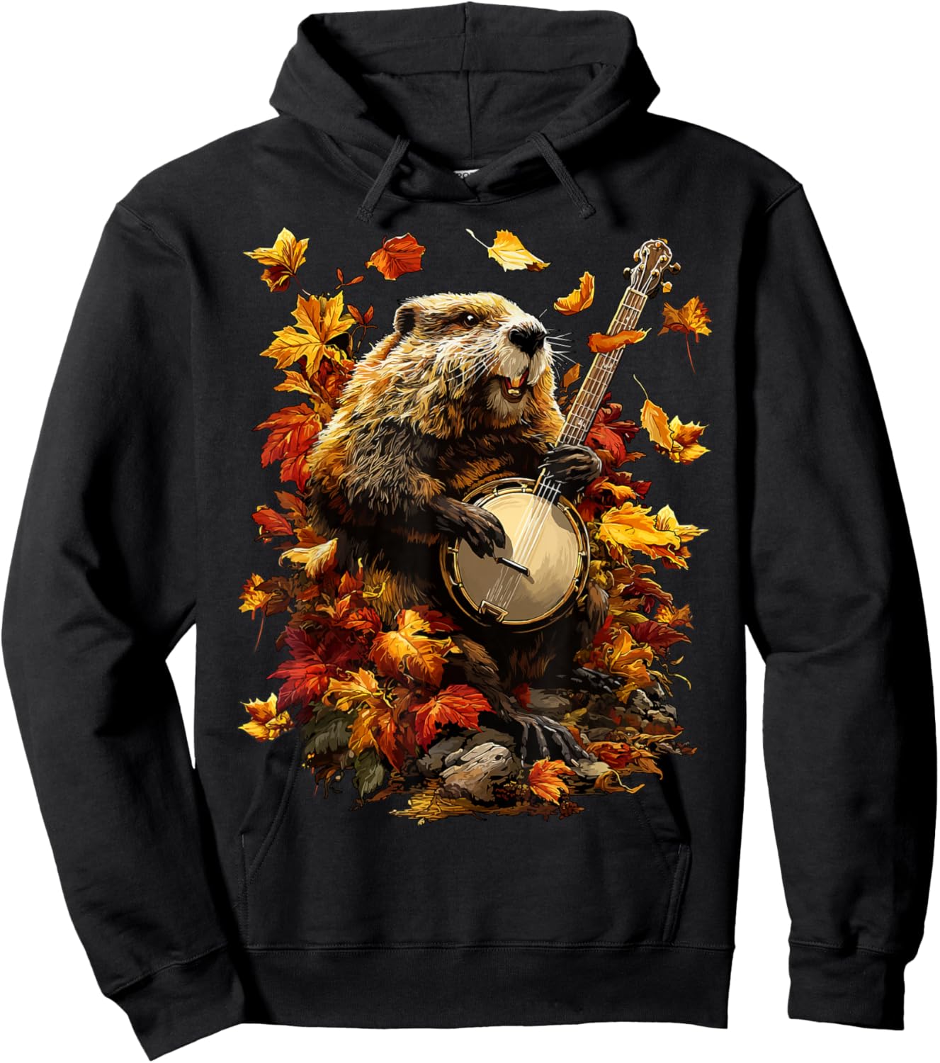 Banjoist Beaver Playing Banjo Picker Fall Leaves Autumn Hoodie - Hoodie | Black