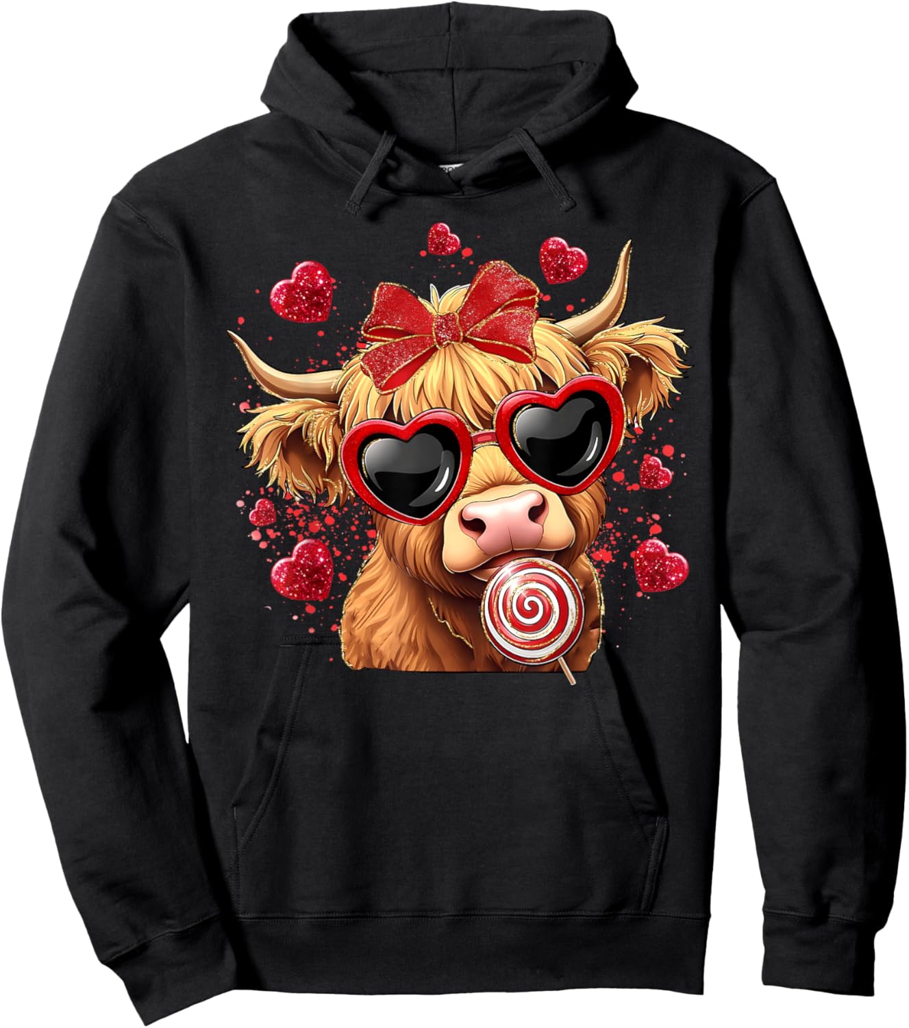 Valentine Highland Cow Lollipop Coquette Bow Valentine Heart Hoodie - Hoodie | Black