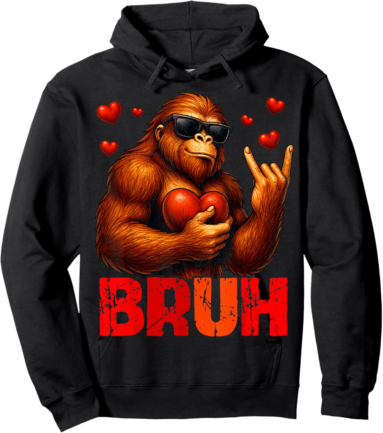 Bruh Funny Bigfoot Sasquatch Rock On Valentine Men Boy Hoodie - Hoodie | Black