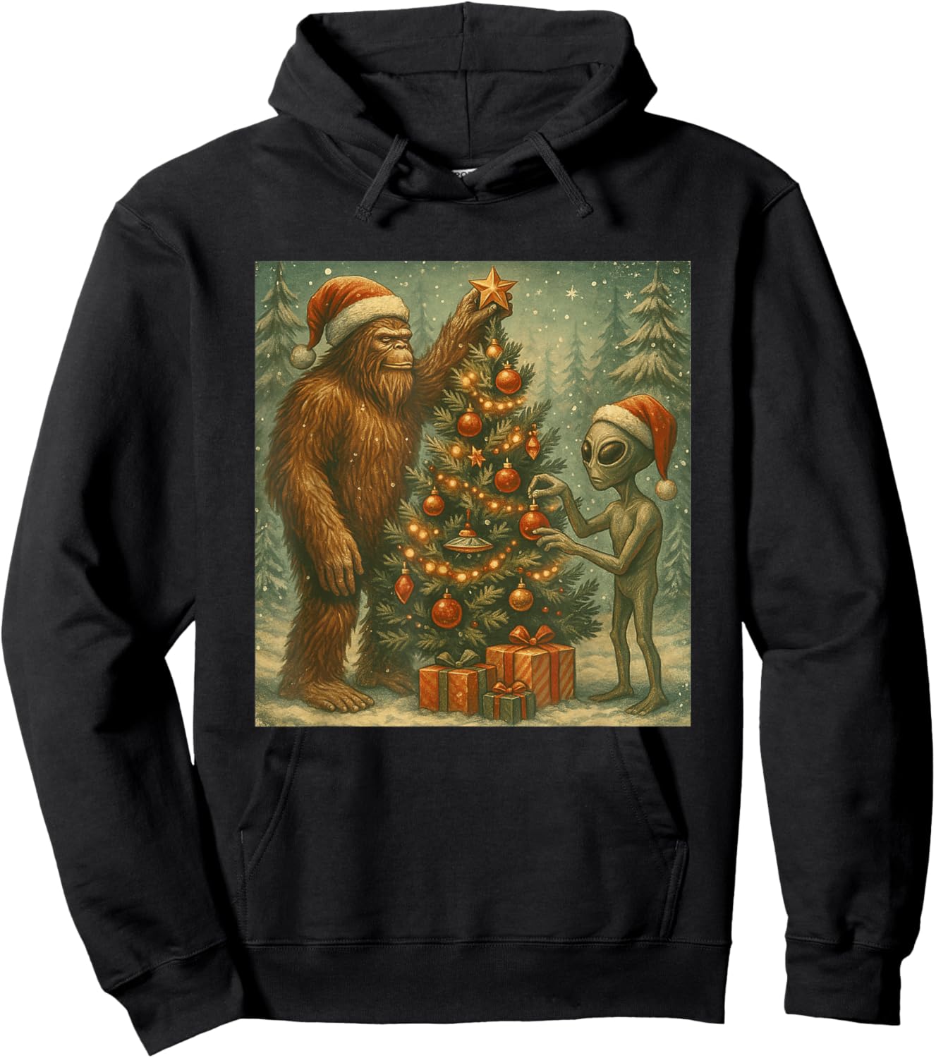 Alien and Bigfoot Decorating Christmas Tree Sasquatch Retro Hoodie - Hoodie | Black