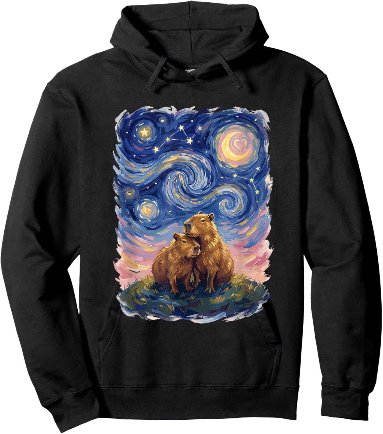 Starry Night Capybara Couple Art Parody Valentine's Day Hoodie - Hoodie | Black