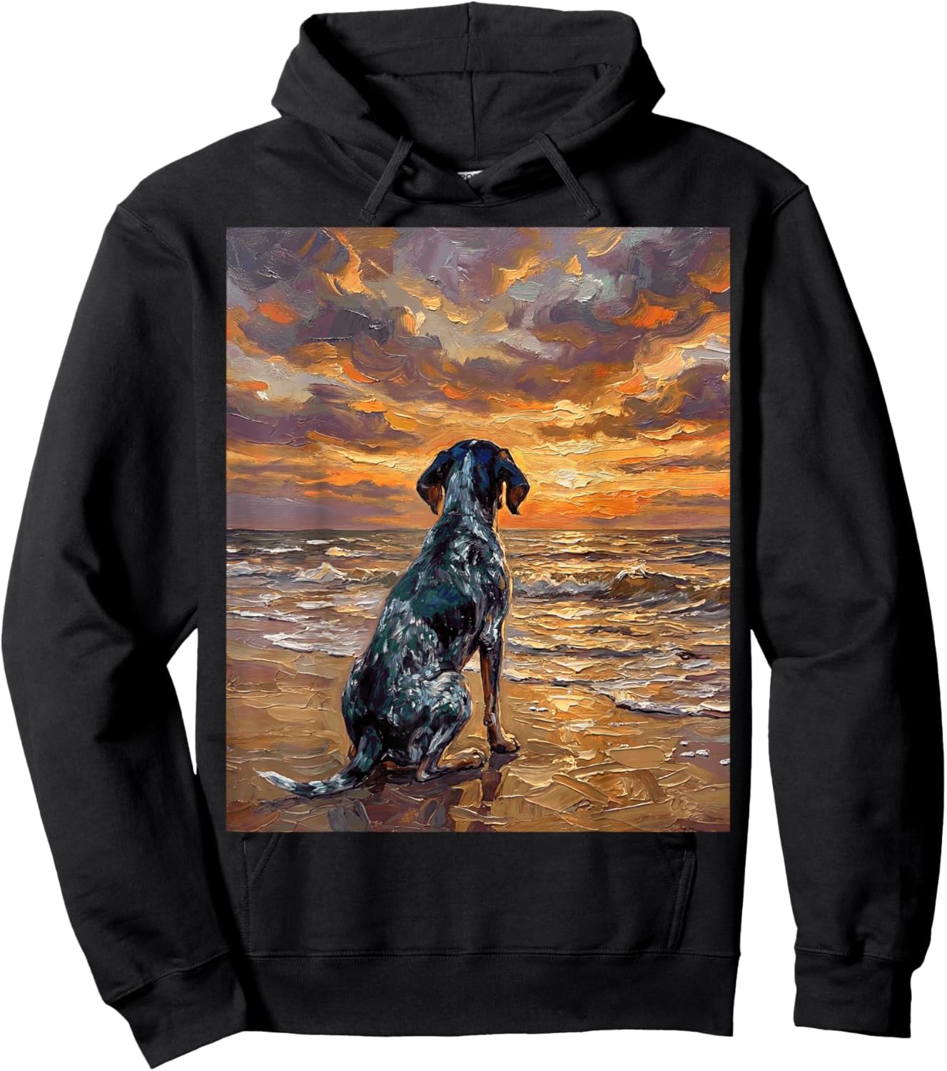 Blue Tick Coonhound on a Sunset Beach Hound Dog Artwork Hoodie - Hoodie | Black