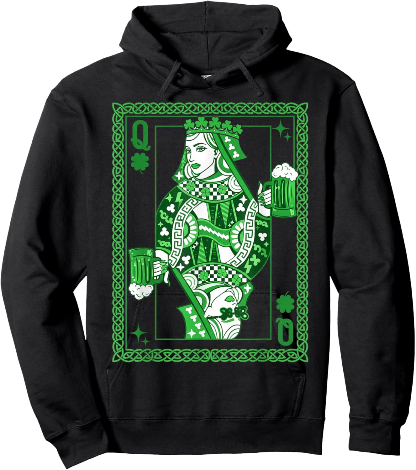St Patrick’s Day Shamrock Queen Card Irish Beer Playing Card Hoodie - Hoodie | Black
