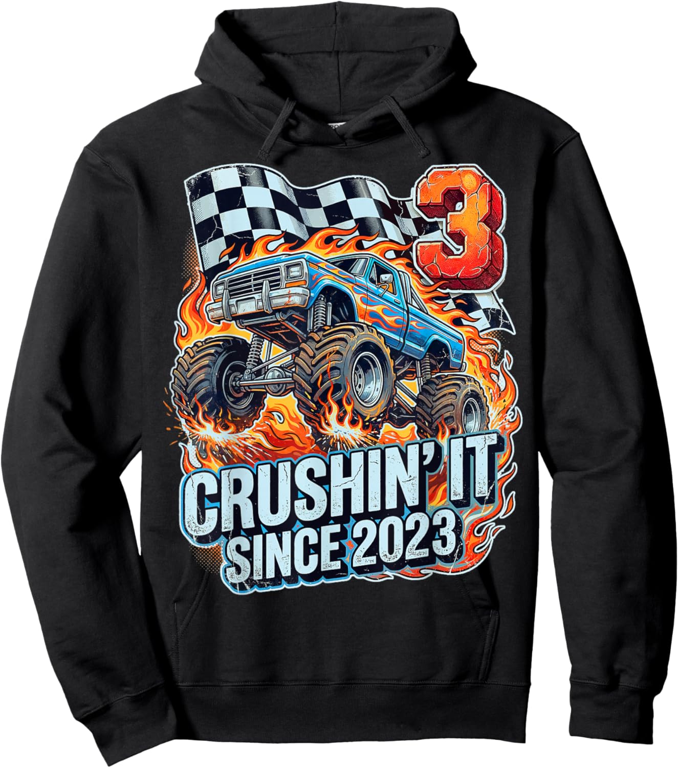 Birthday Monster Truck 3 Year Old Boys 3rd Party Born 2023 Hoodie - Hoodie | Black