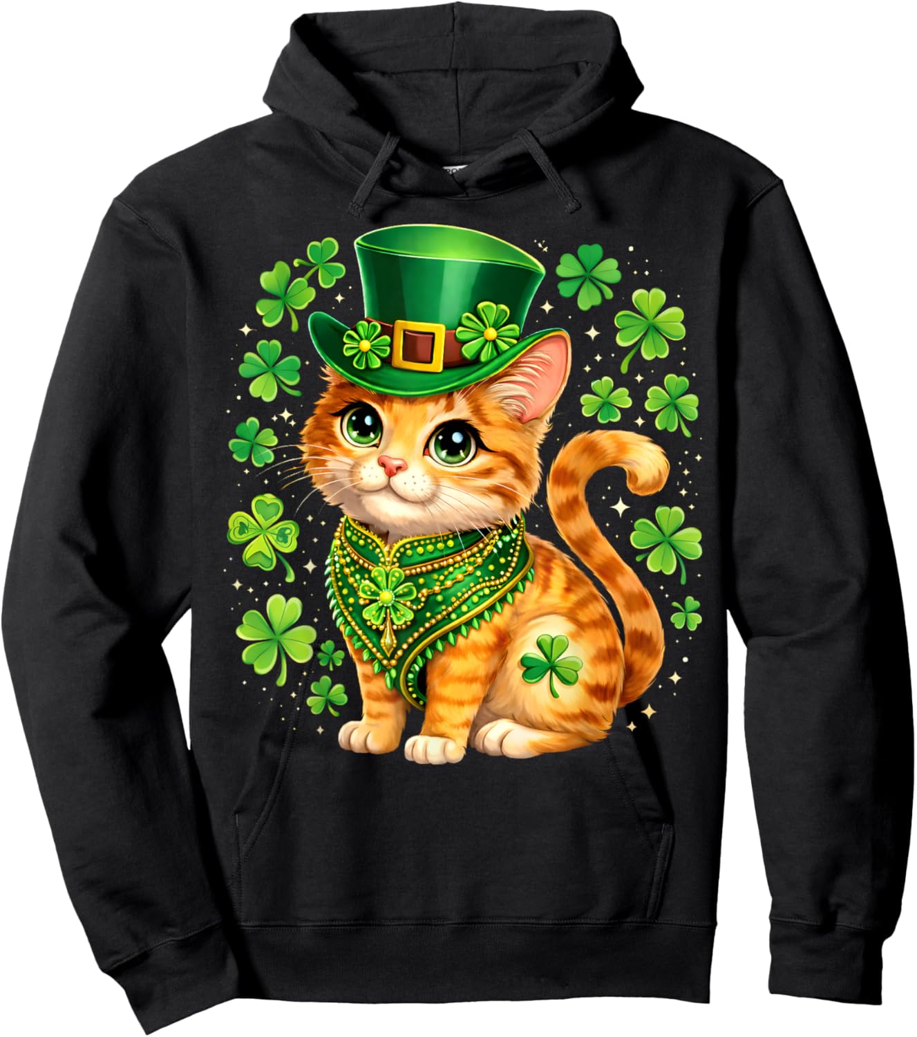 St Patricks Day Cat Leprechaun Hat Shamrock Saint Pattys Day Hoodie - Hoodie | Black