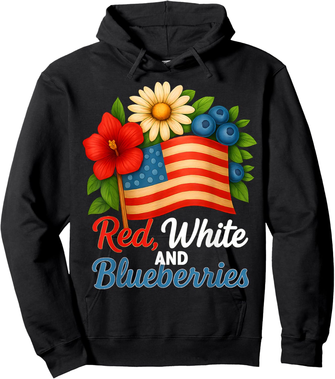 Red, White and Blueberries Floral Flag Vintage Men Women Hoodie - Hoodie | Black