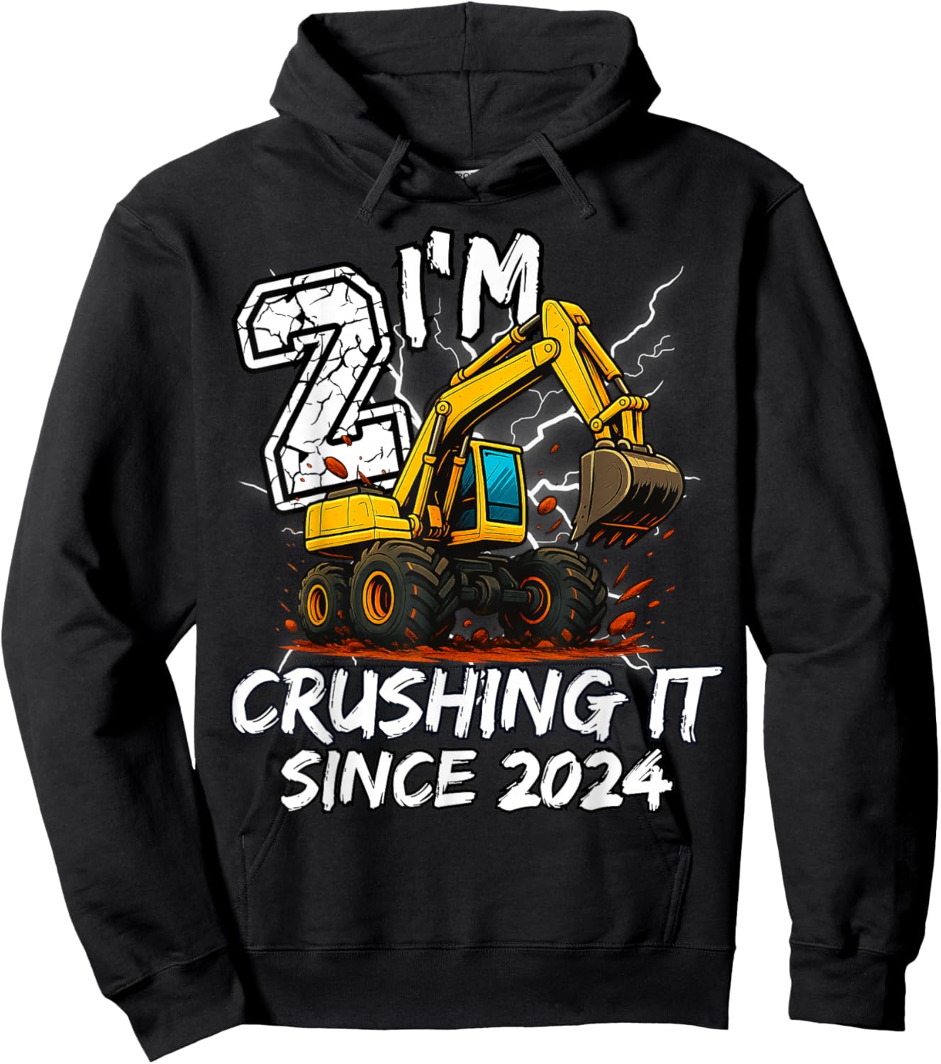Birthday Excavator Truck 2 Year Old Boys 2nd Party Born 2024 Hoodie - Hoodie | Black