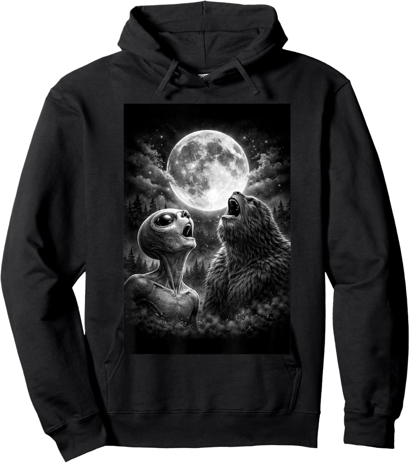 Funny Alien and Bigfoot Howling at Moon Humor Man Woman Hoodie - Hoodie | Black